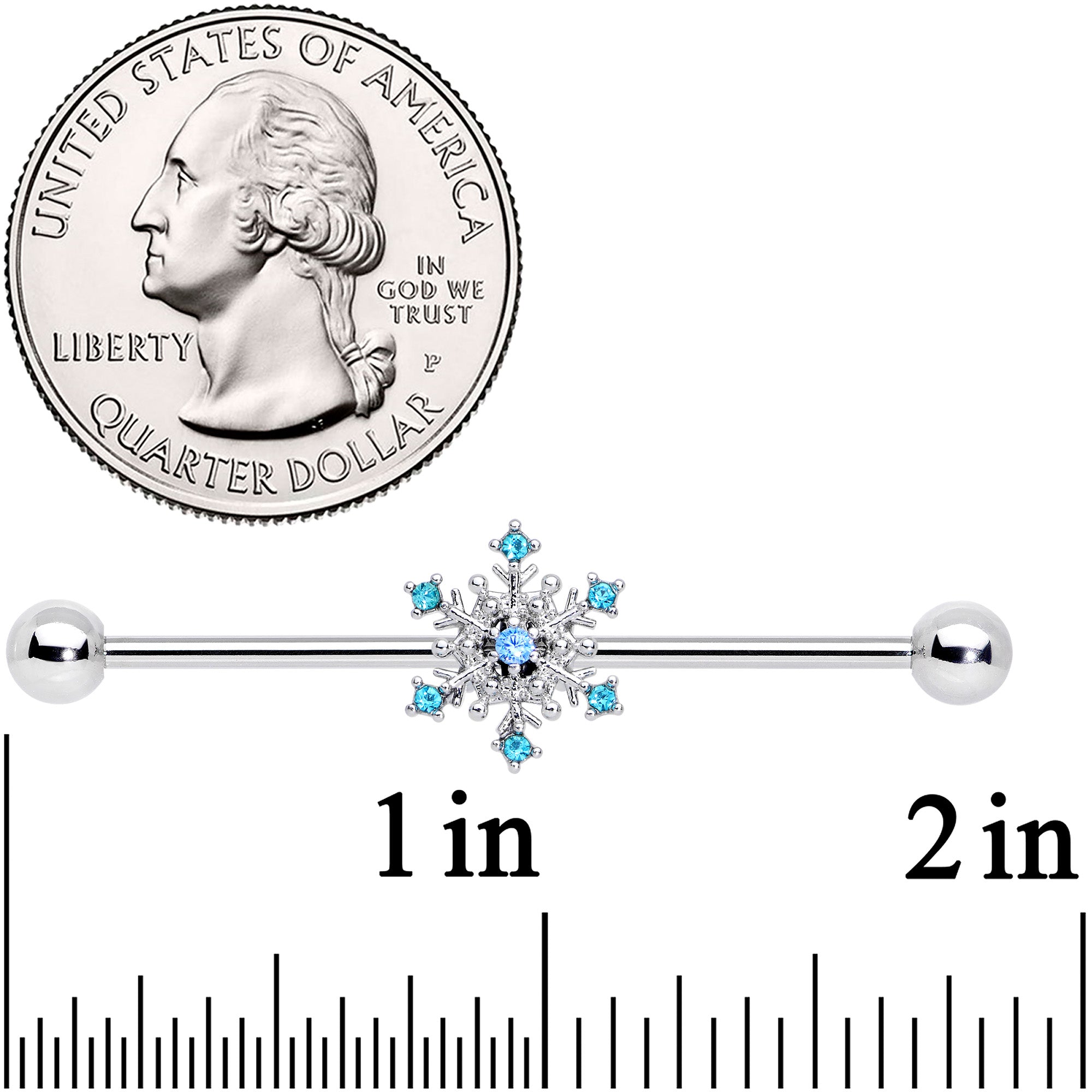 14 Gauge Aqua Gem Snowflake Christmas Industrial Barbell 38mm