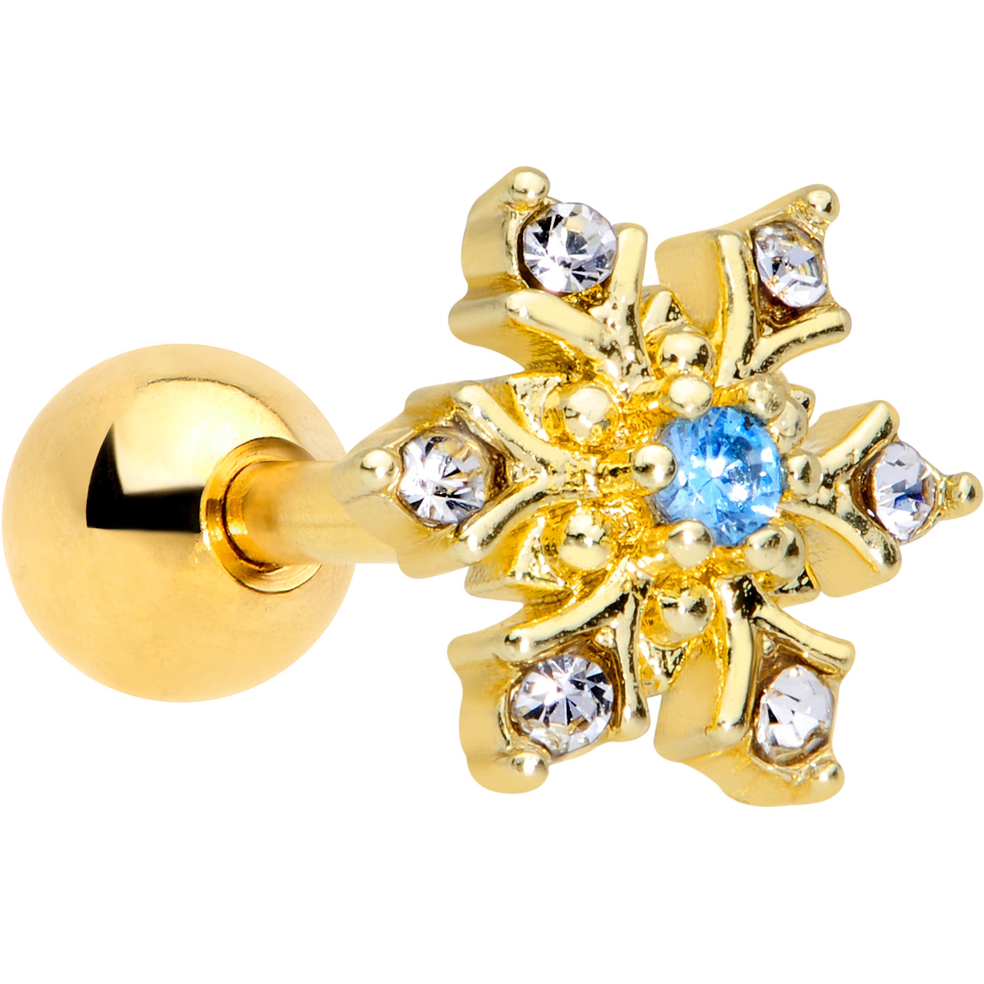 16 Gauge 1/4 Blue CZ Gold Tone Snowflake Christmas Cartilage Tragus