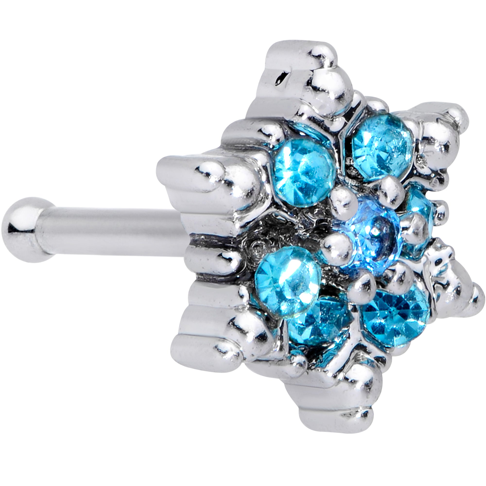 20 Gauge 1/4 Aqua CZ Gem Sassy Snowflake Christmas Nose Bone