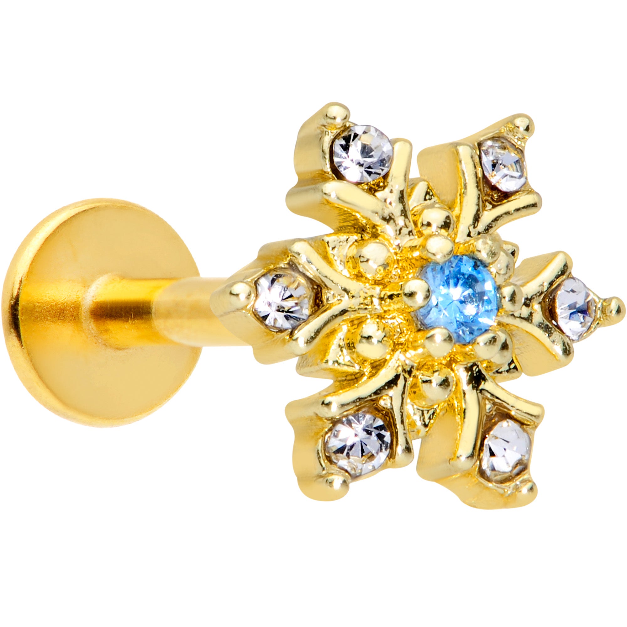 16 Gauge 5/16 Blue CZ Gold Tone Snowflake Christmas Labret Tragus