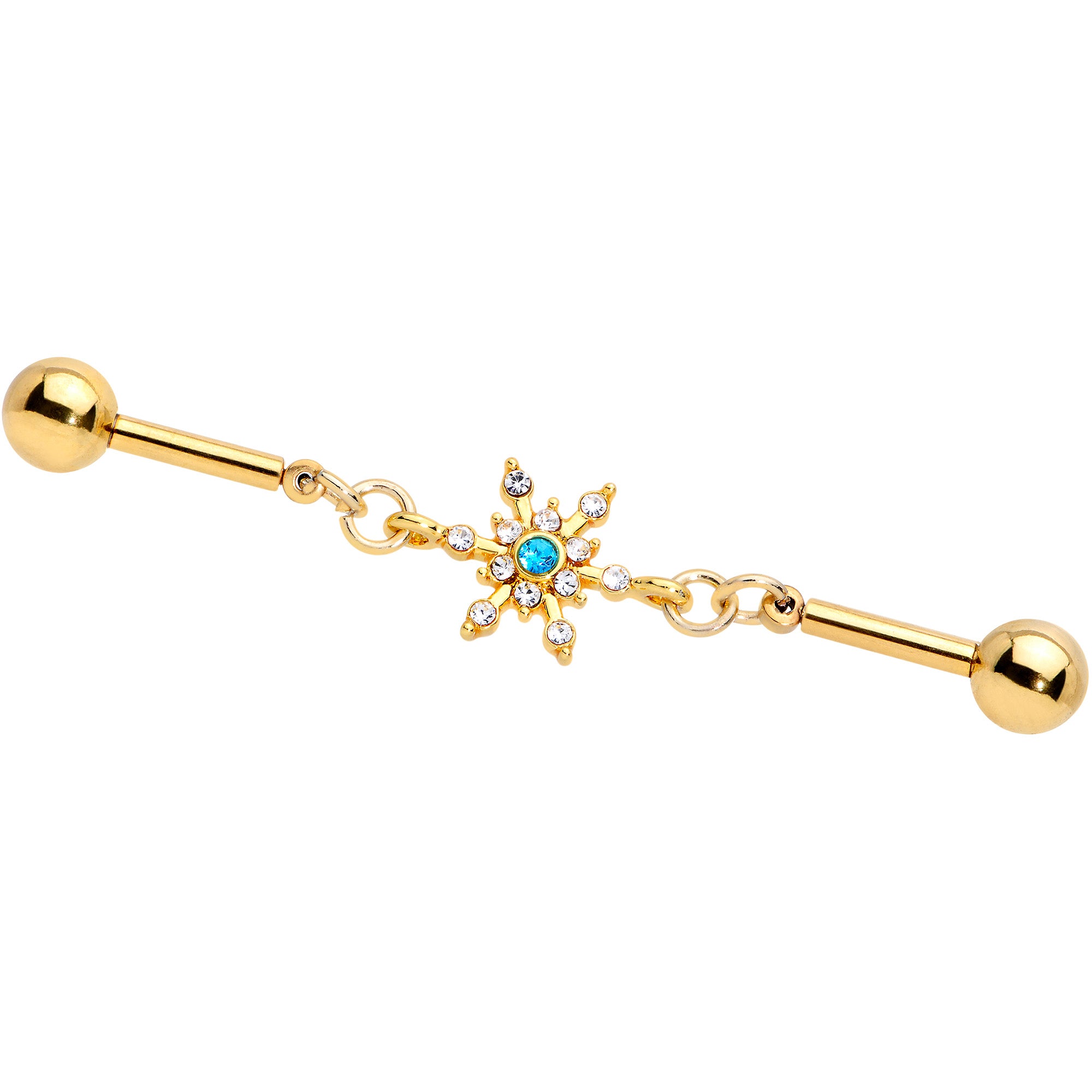 14 Gauge Blue CZ Gem Gold Hue Snowflake Double Industrial Barbell 38mm