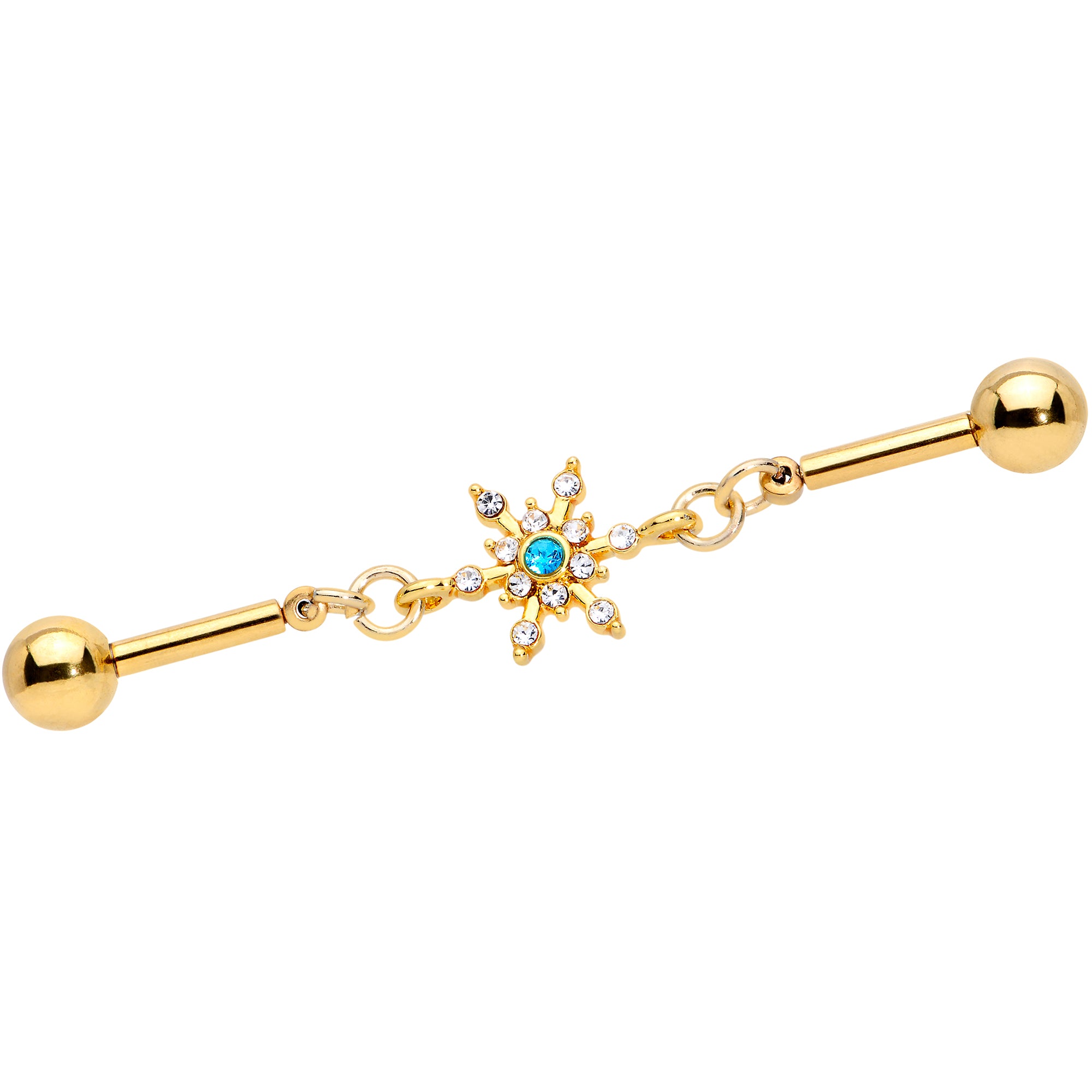 14 Gauge Blue CZ Gem Gold Hue Snowflake Double Industrial Barbell 38mm