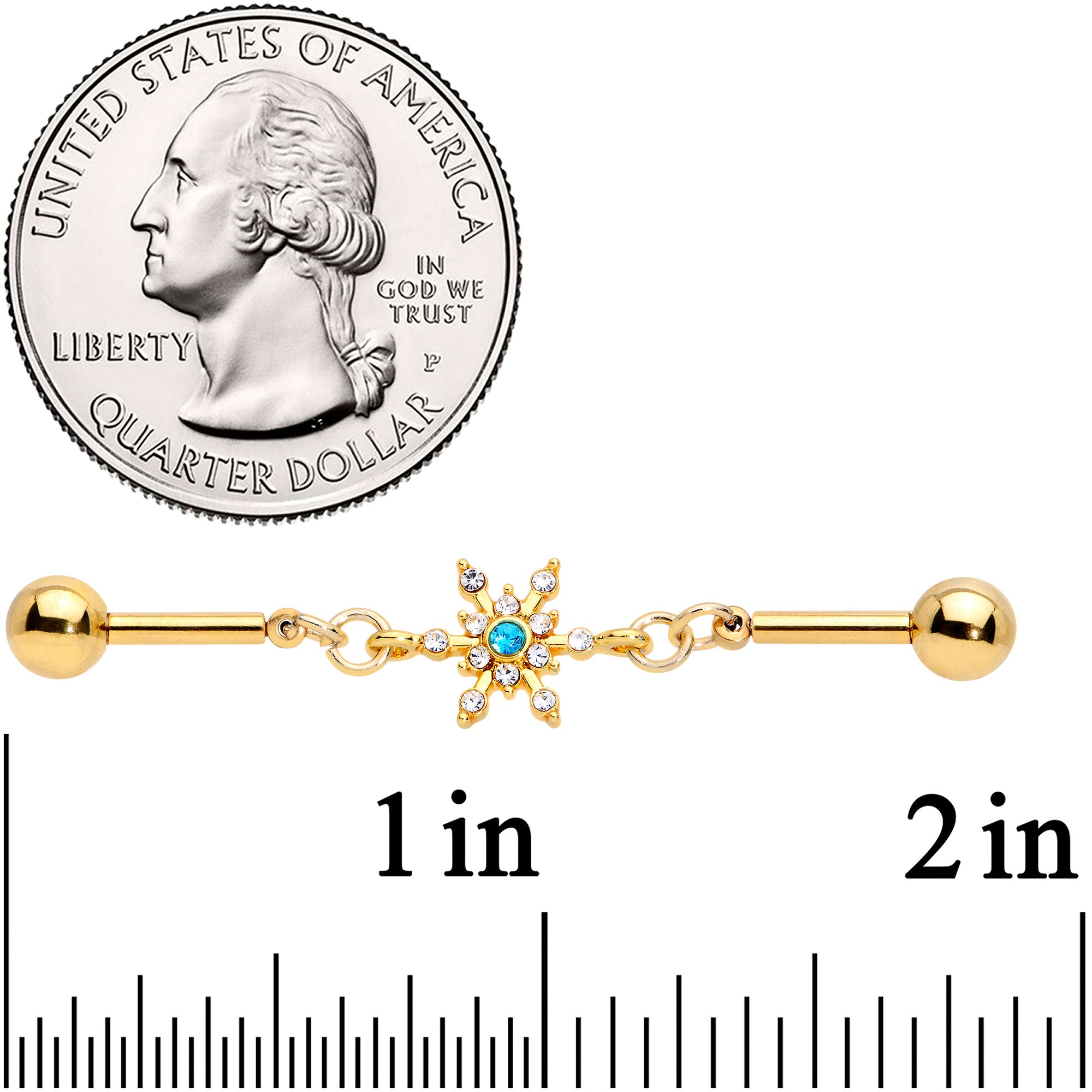 14 Gauge Blue CZ Gem Gold Hue Snowflake Double Industrial Barbell 38mm