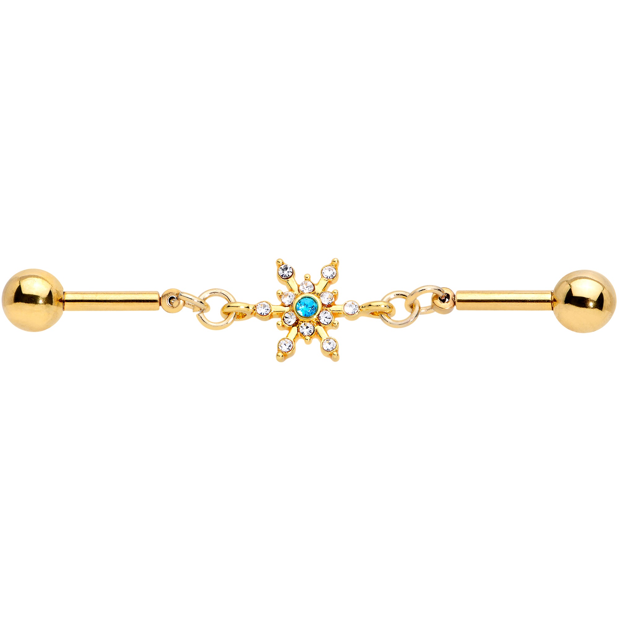 14 Gauge Blue CZ Gem Gold Hue Snowflake Double Industrial Barbell 38mm