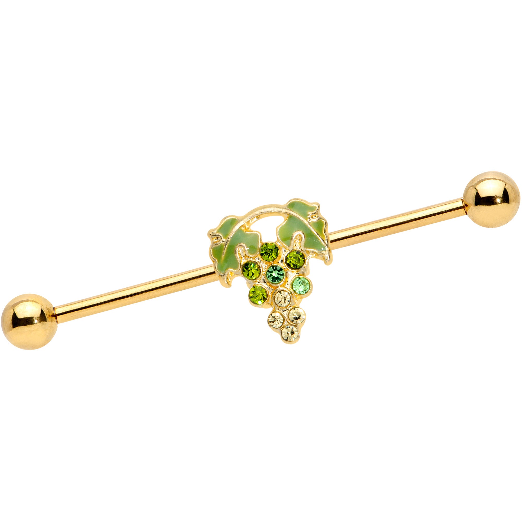 14 Gauge Green Gem Gold Tone Bunch of Grapes Industrial Barbell 38mm