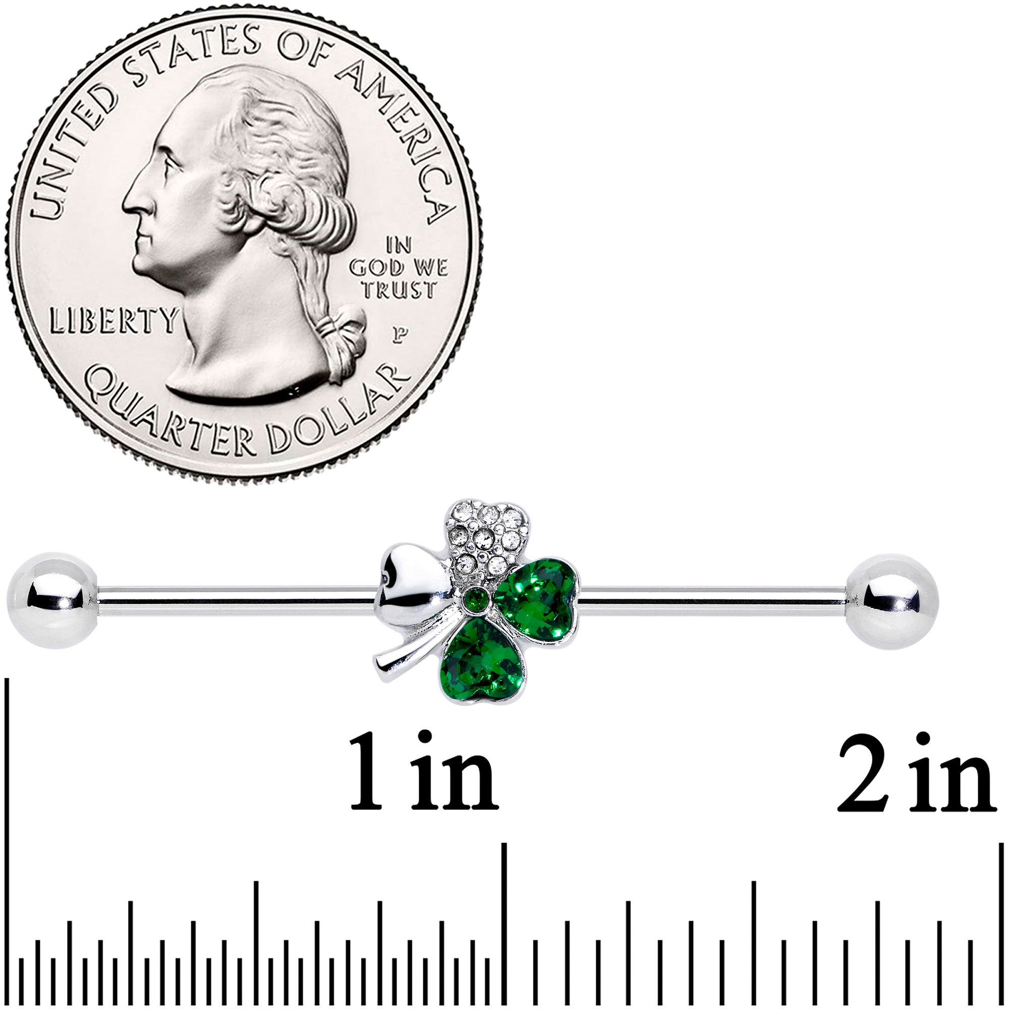 14 Gauge Clear Green Gem Shamrock St Patricks Industrial Barbell 38mm