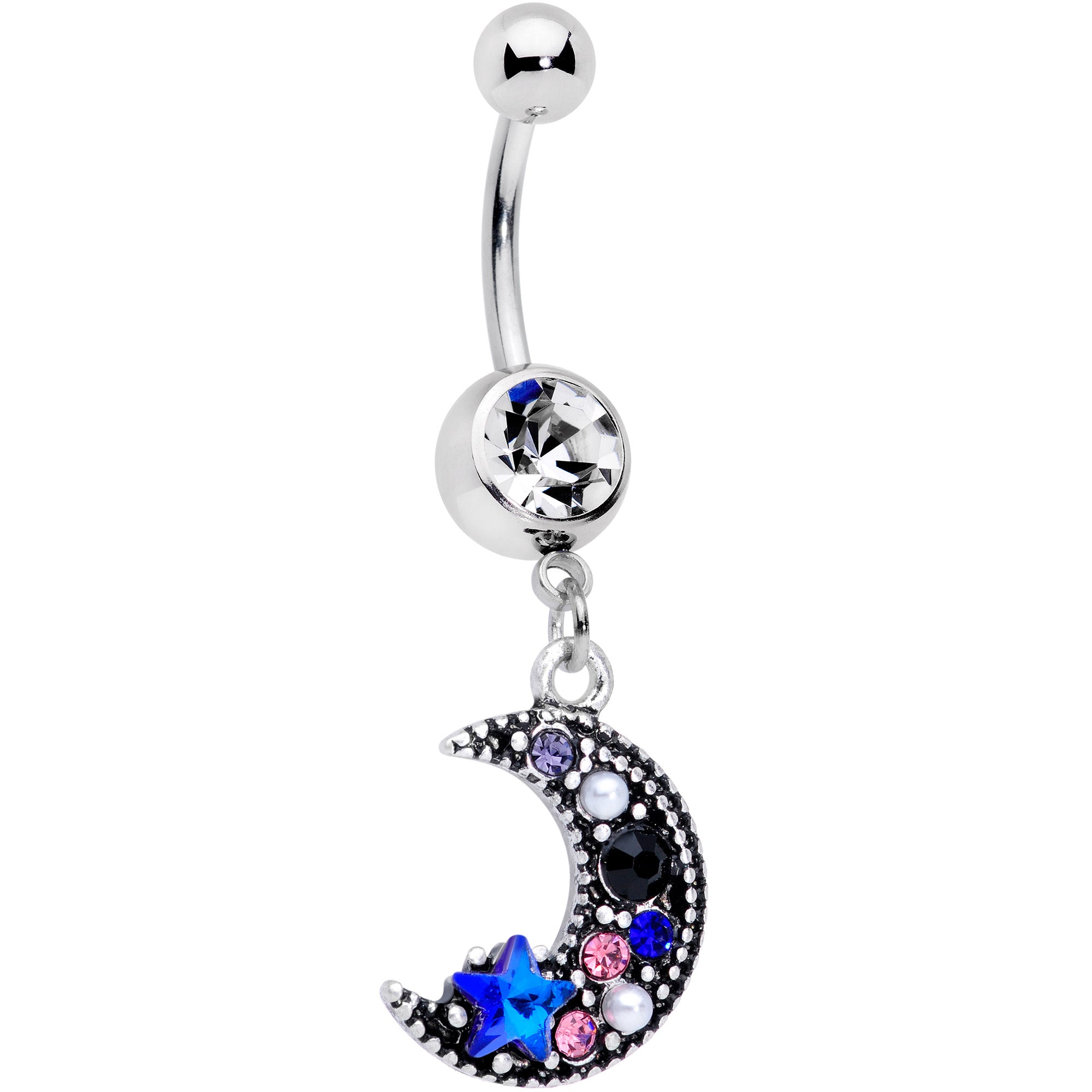 Clear Blue Black Gem Ornate Crescent Moon Dangle Belly Ring