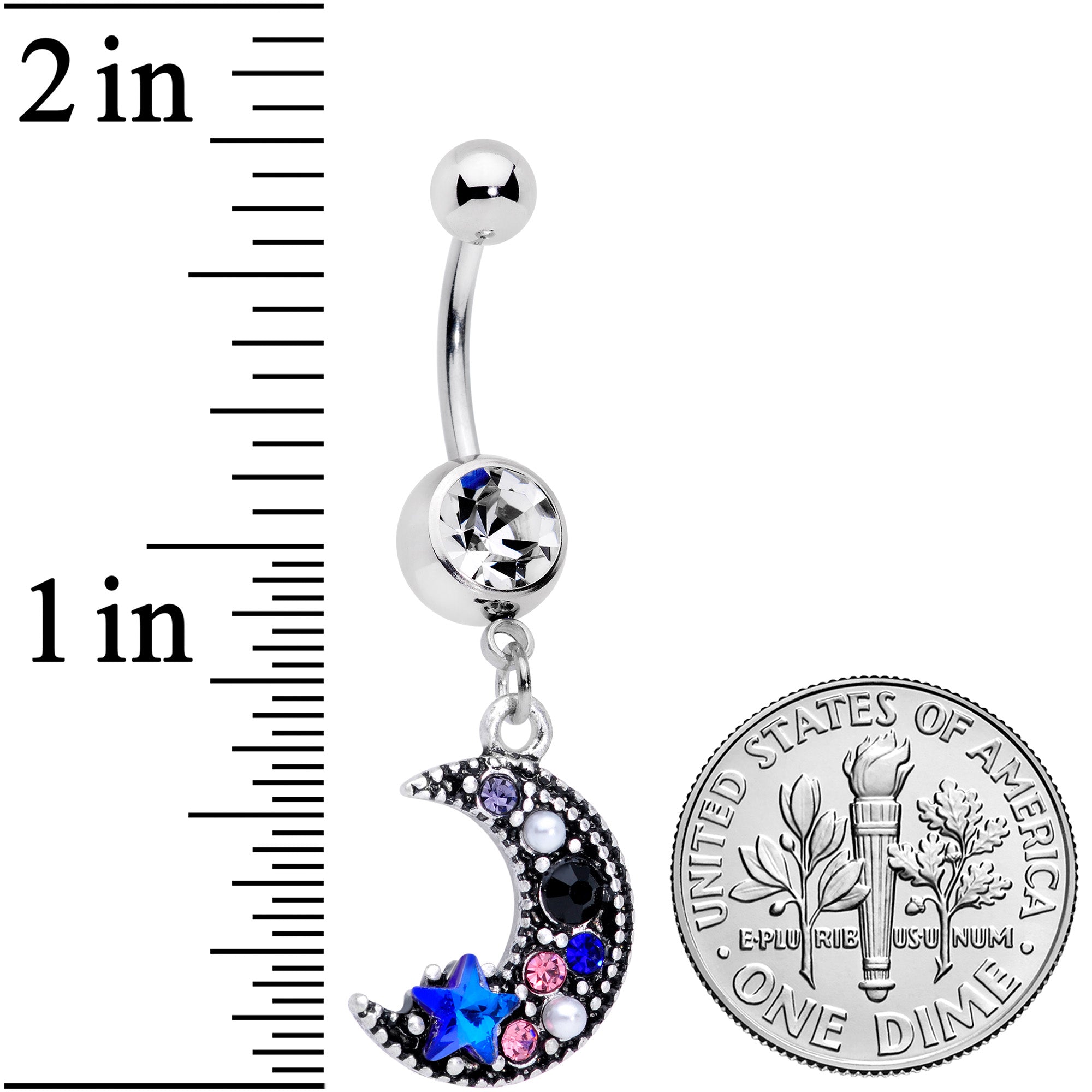 Clear Blue Black Gem Ornate Crescent Moon Dangle Belly Ring