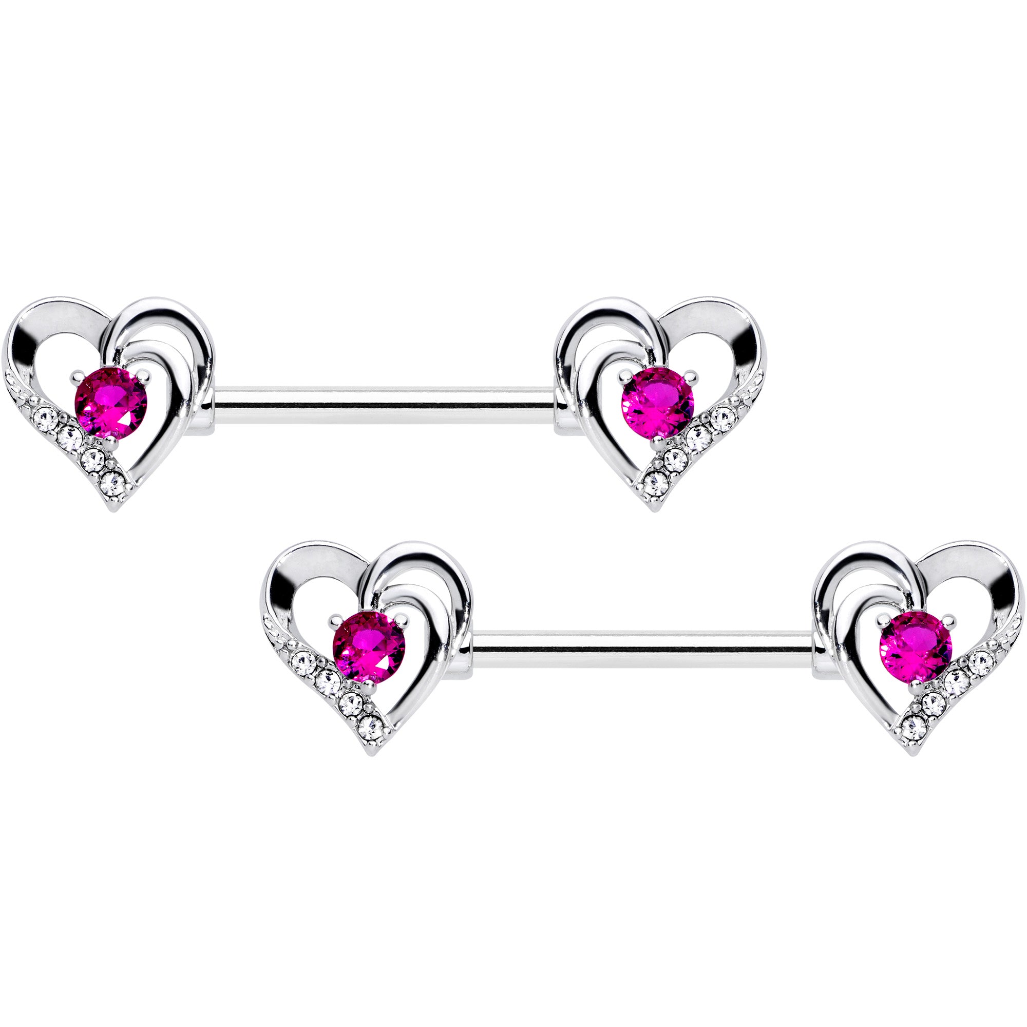 14 Gauge 9/16 Pink Gem Heart Valetines Day Barbell Nipple Ring Set