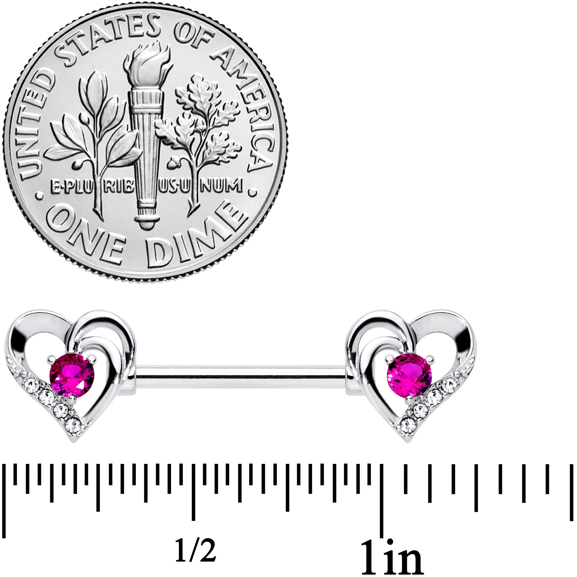 14 Gauge 9/16 Pink Gem Heart Valetines Day Barbell Nipple Ring Set