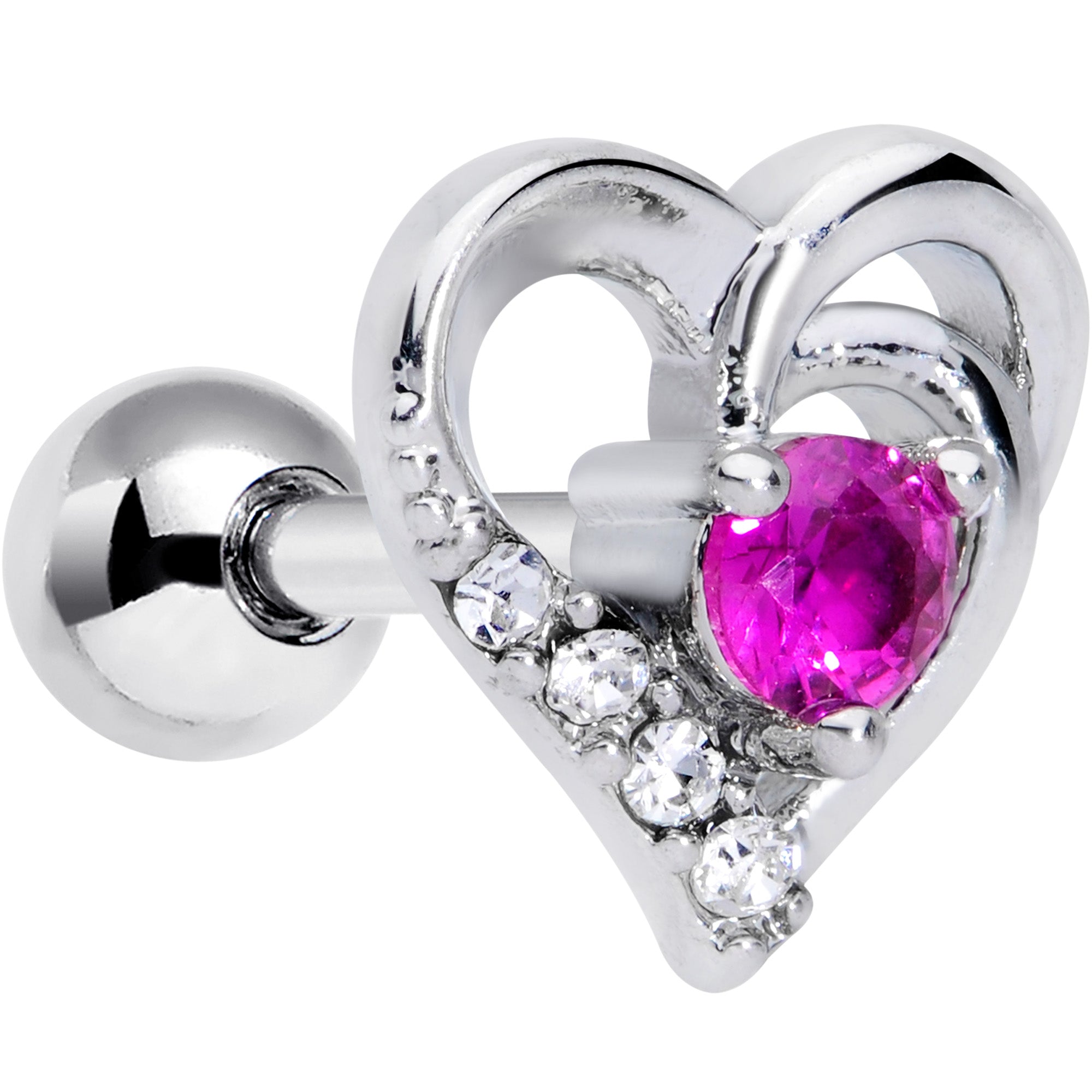 16 Gauge 1/4 Clear Pink Gem Swirling Heart Valentine Cartilage Tragus