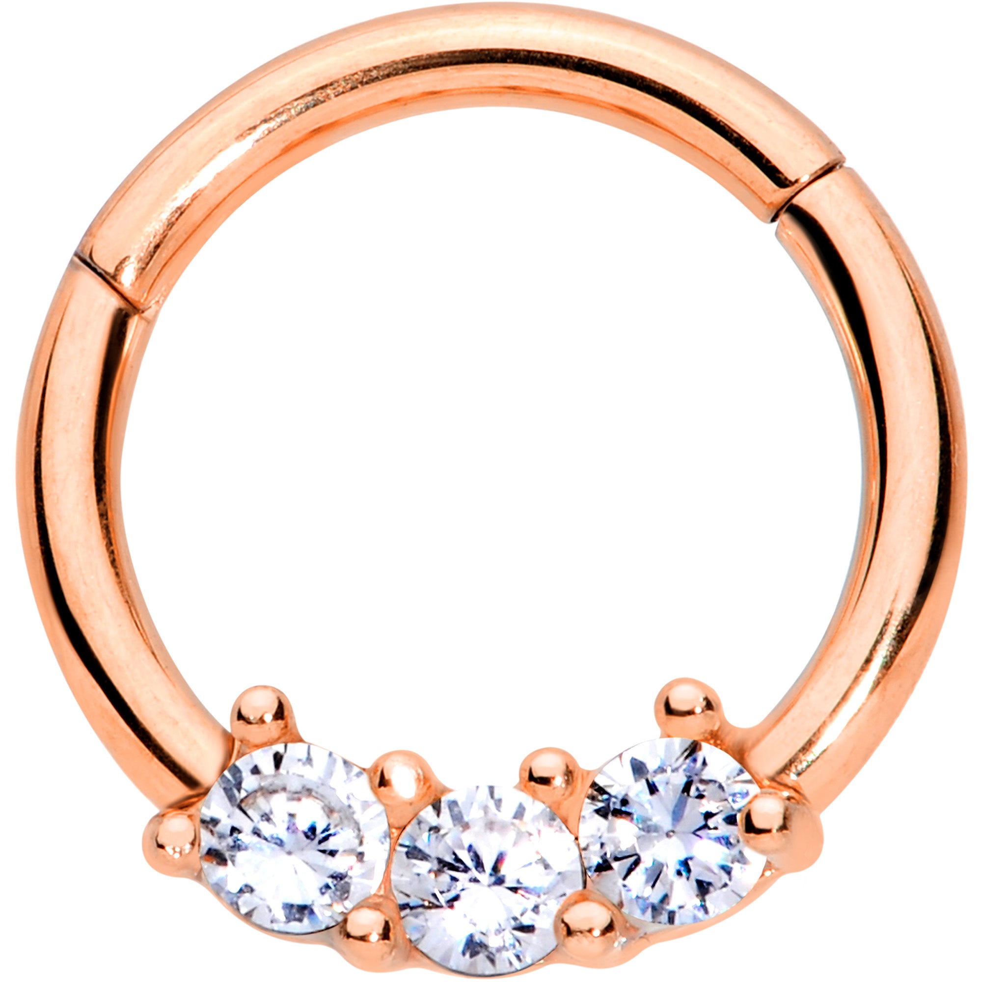 16 Gauge 5/16 Clear CZ Gem Rose Gold Tone Trio Hinged Segment Ring