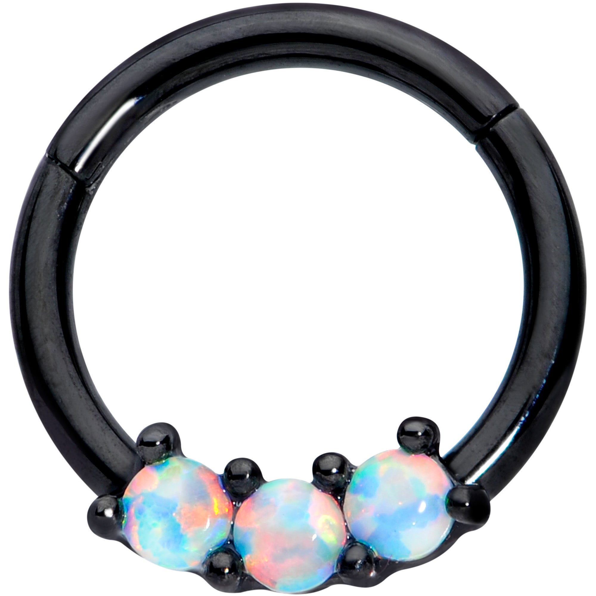 16 Gauge 5/16 White Synthetic Opal Black Trio Hinged Segment Ring