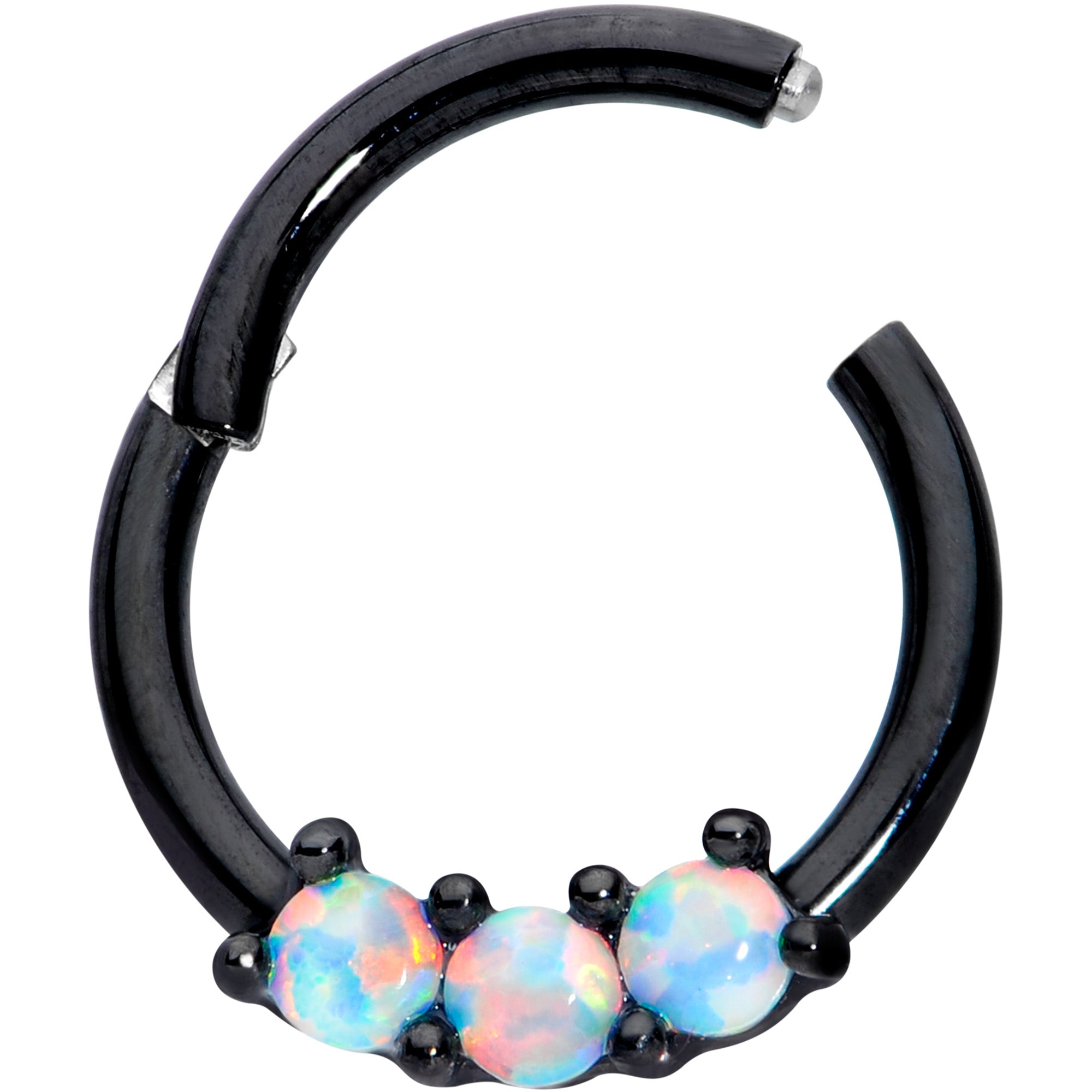 16 Gauge 5/16 White Synthetic Opal Black Trio Hinged Segment Ring