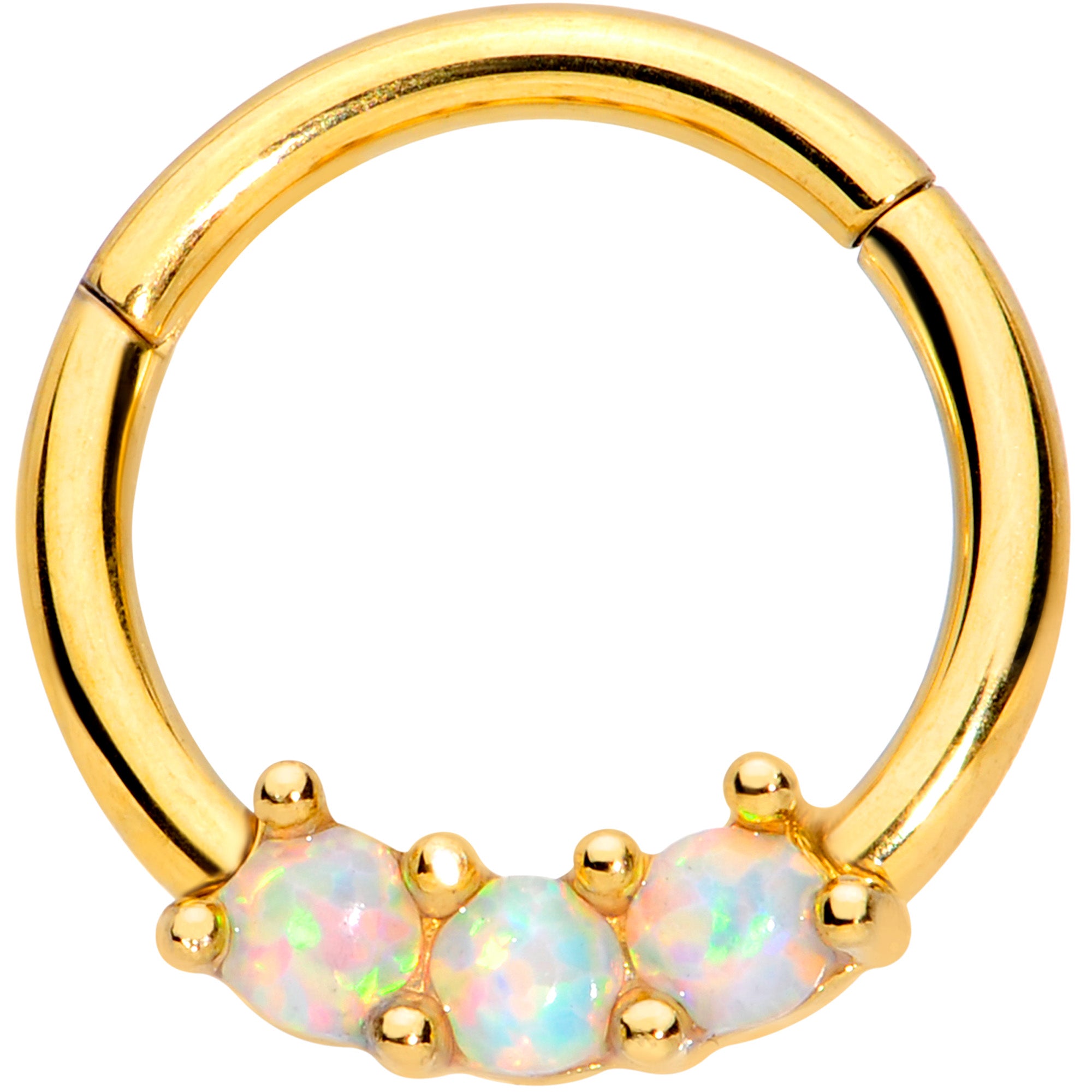 16 Gauge 5/16 White Synthetic Opal Gold Tone Trio Hinged Segment Ring