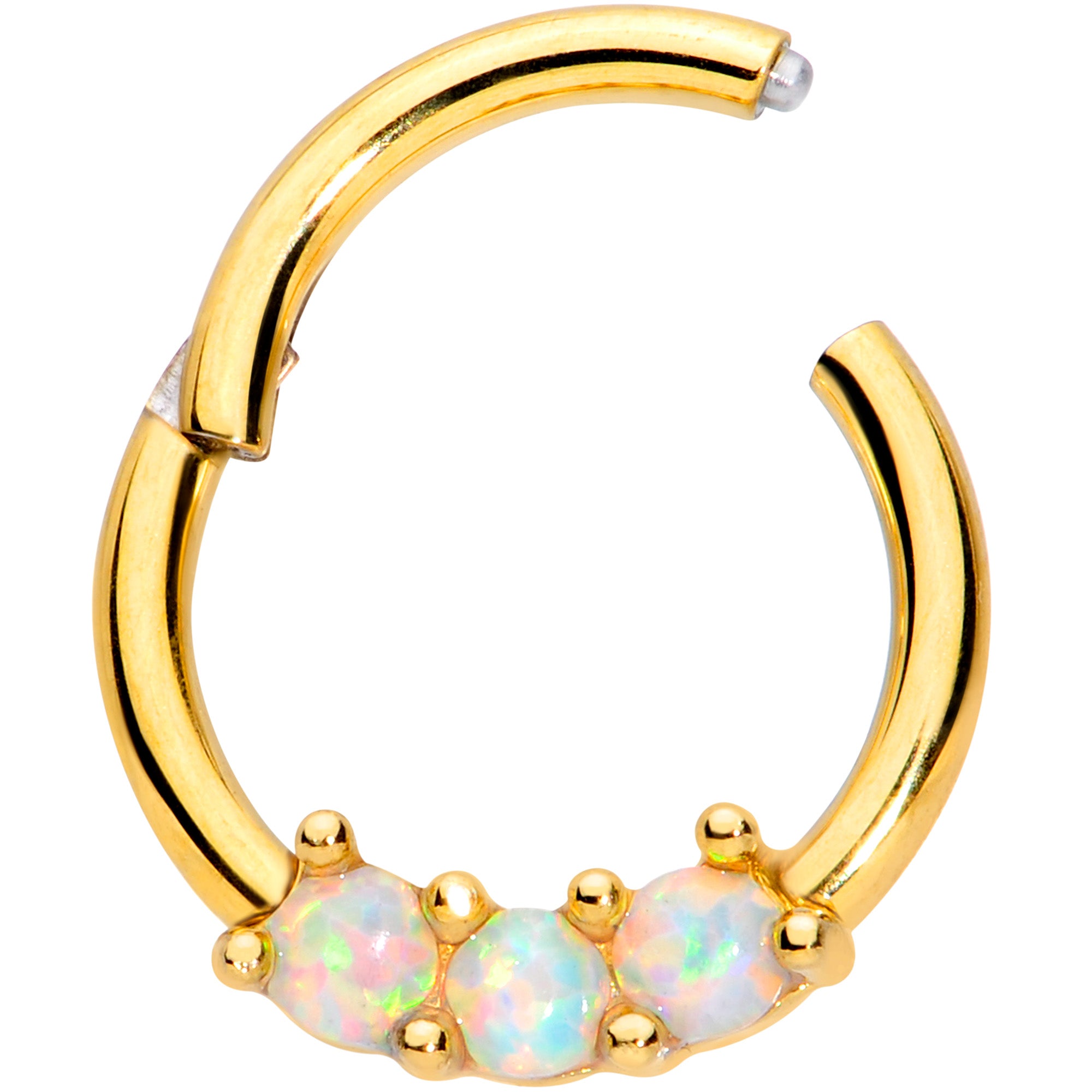 16 Gauge 5/16 White Synthetic Opal Gold Tone Trio Hinged Segment Ring