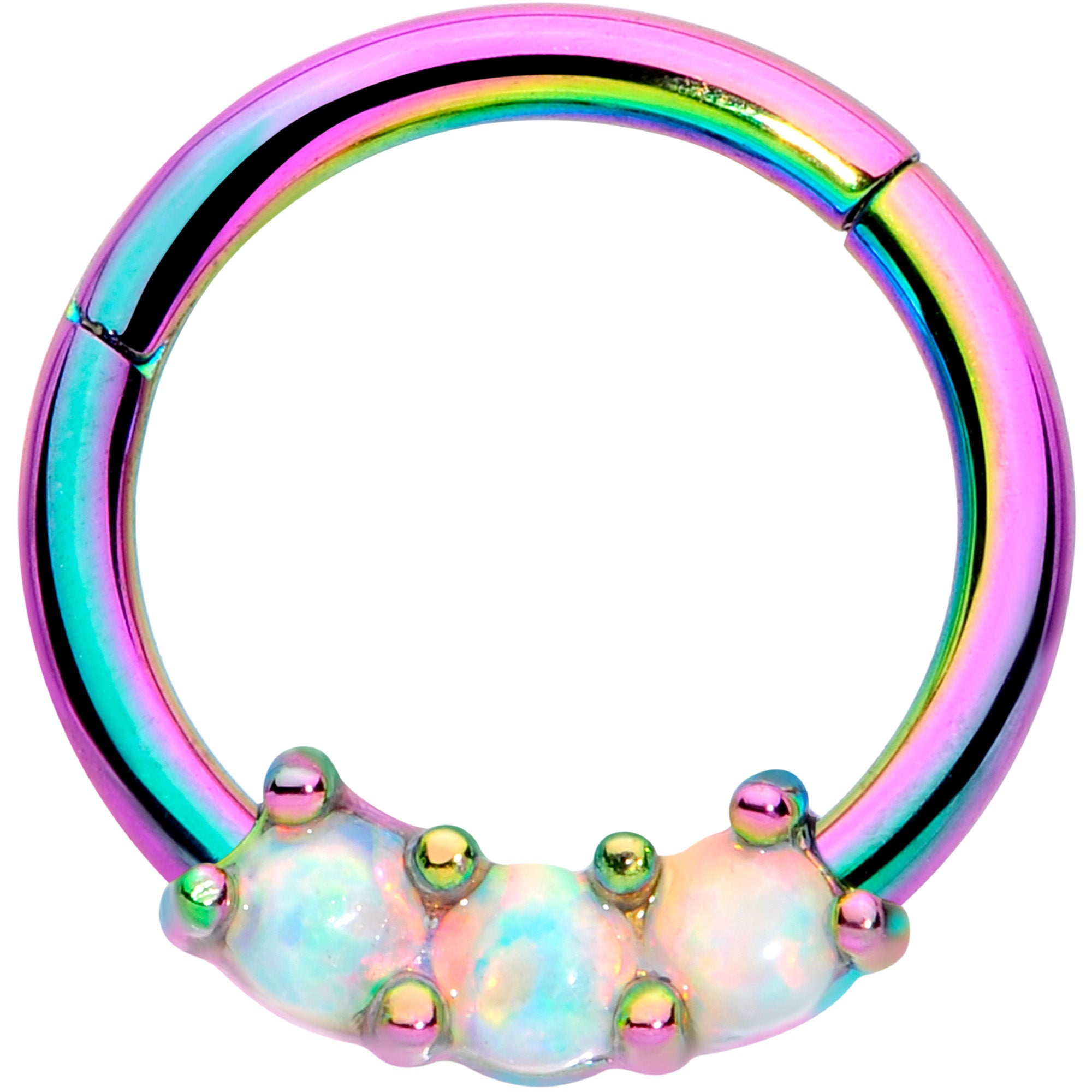 16 Gauge 5/16 White Synthetic Opal Rainbow Trio Hinged Segment Ring