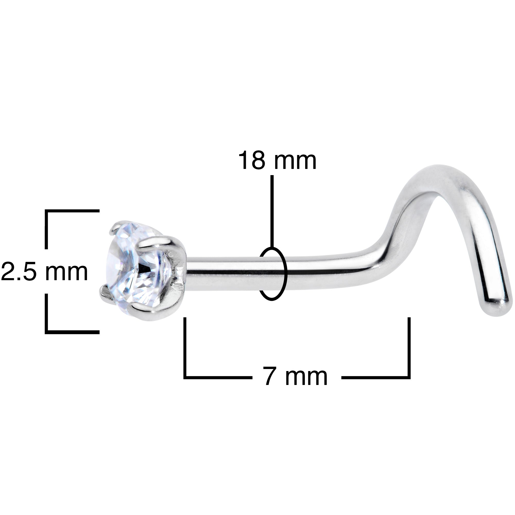 18 Gauge 7mm Clear 2.5mm CZ Gem Grade 23 Titanium Left Side Nose Screw