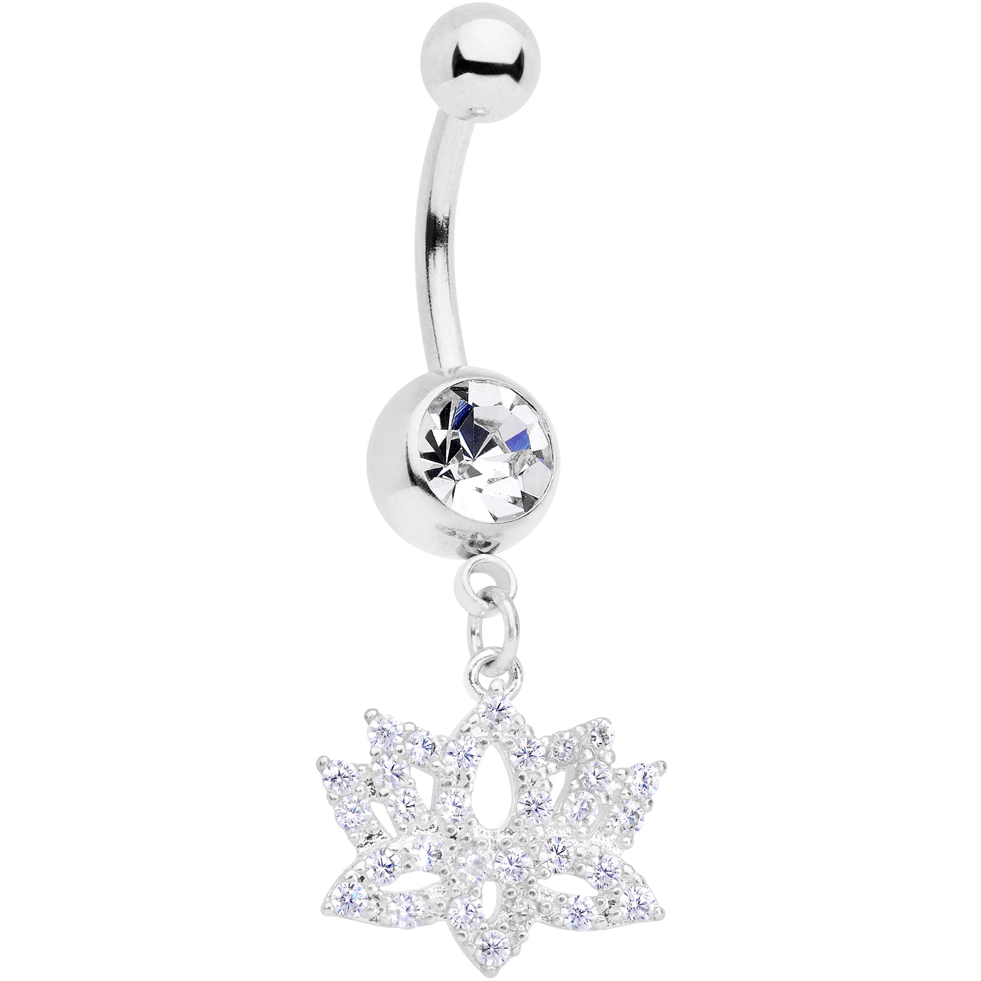 Clear CZ Gem Lotus Flower Dangle Belly Ring