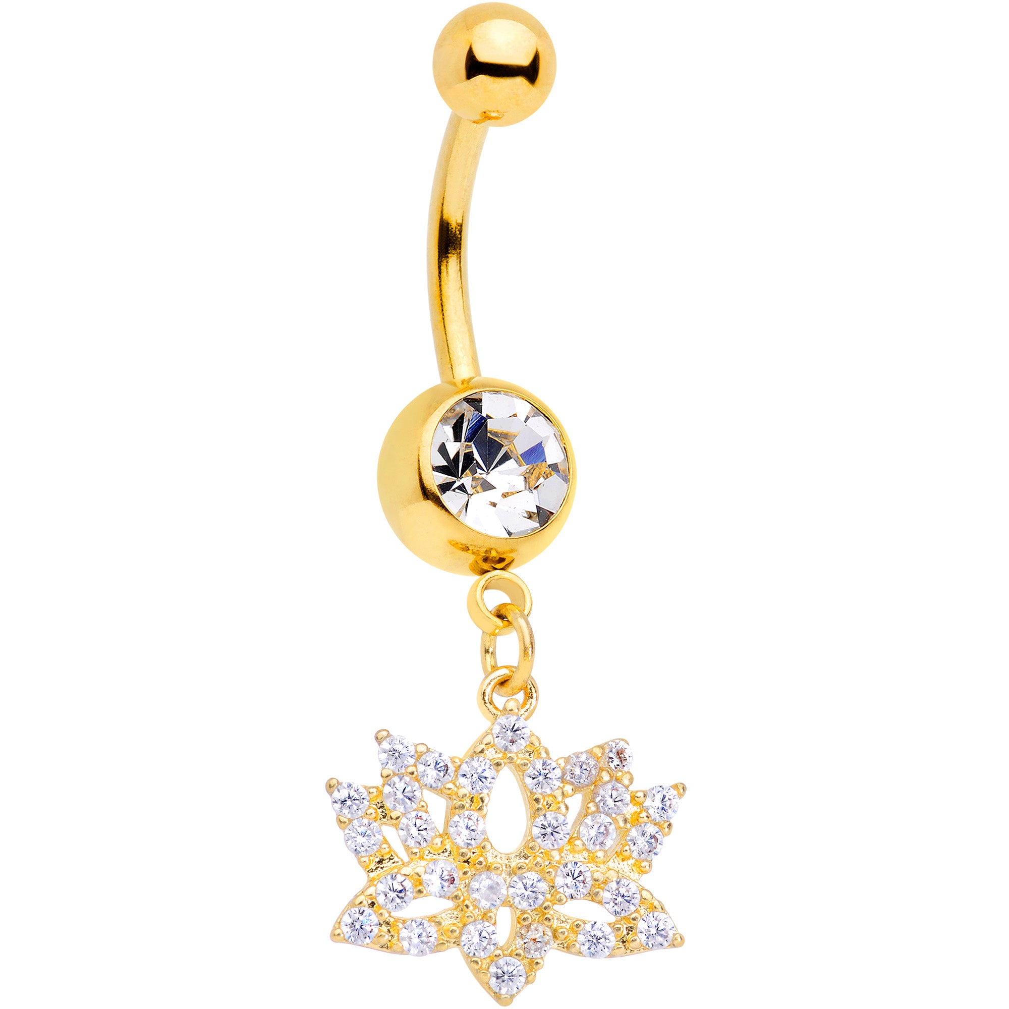 Clear CZ Gem Gold Tone Lotus Flower Dangle Belly Ring