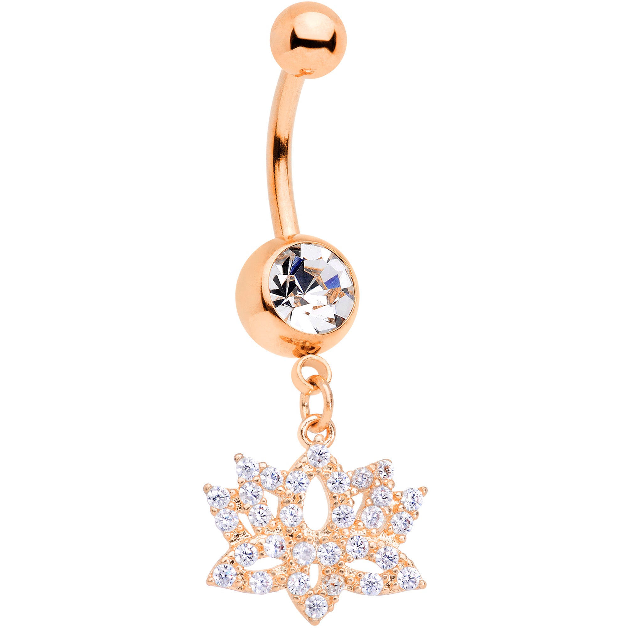 Clear CZ Gem Rose Gold Tone Lotus Flower Dangle Belly Ring