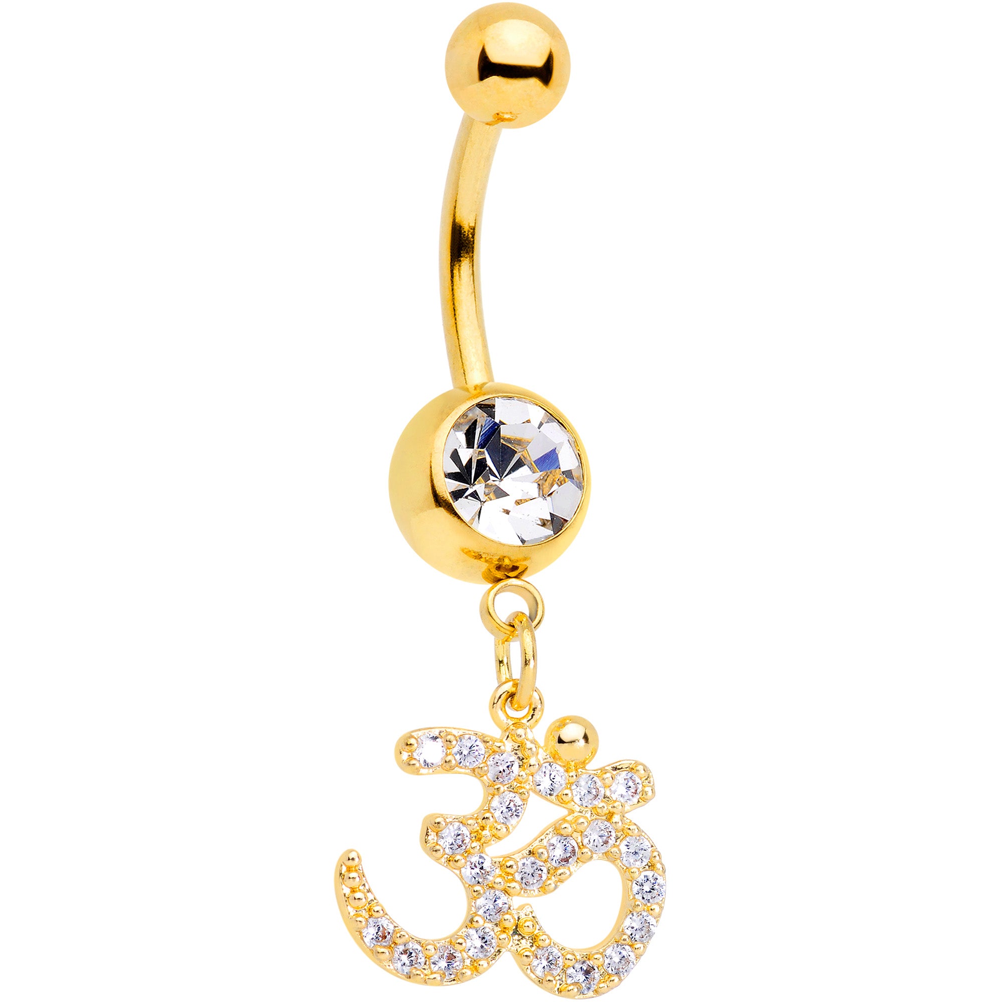 Clear CZ Gem Gold Tone Amazing Om Dangle Belly Ring