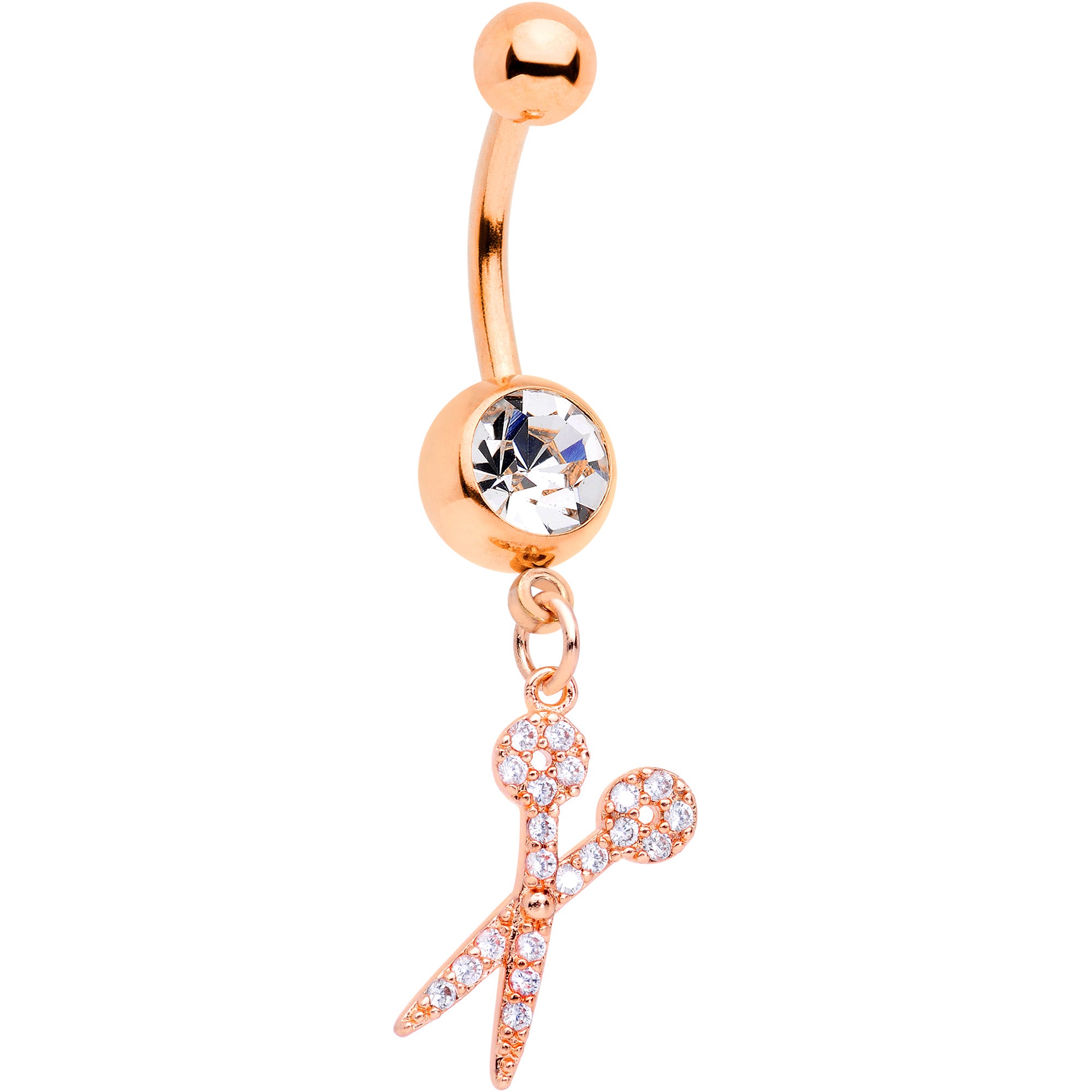 Clear CZ Gem Rose Gold Tone Shear Scissors Dangle Belly Ring