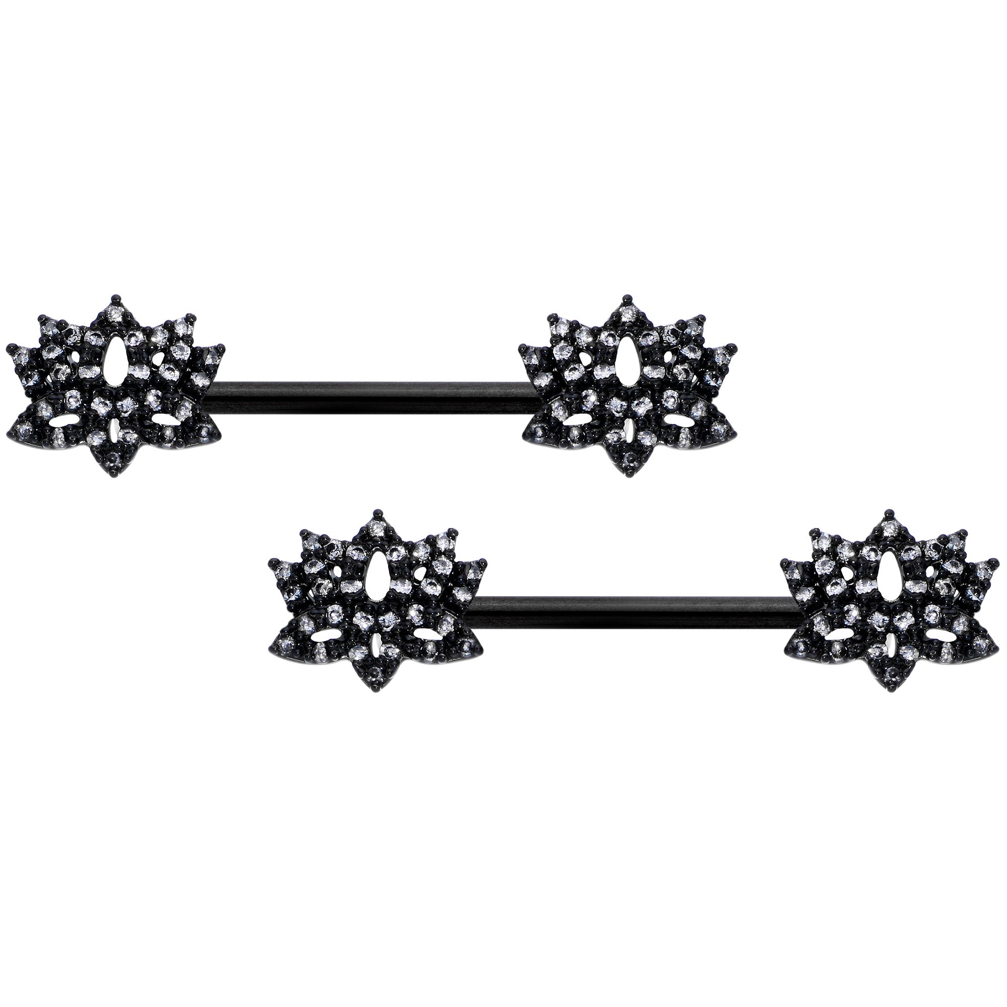 14 Gauge 9/16 Clear CZ Gem Black Lotus Flower Nipple Ring Set