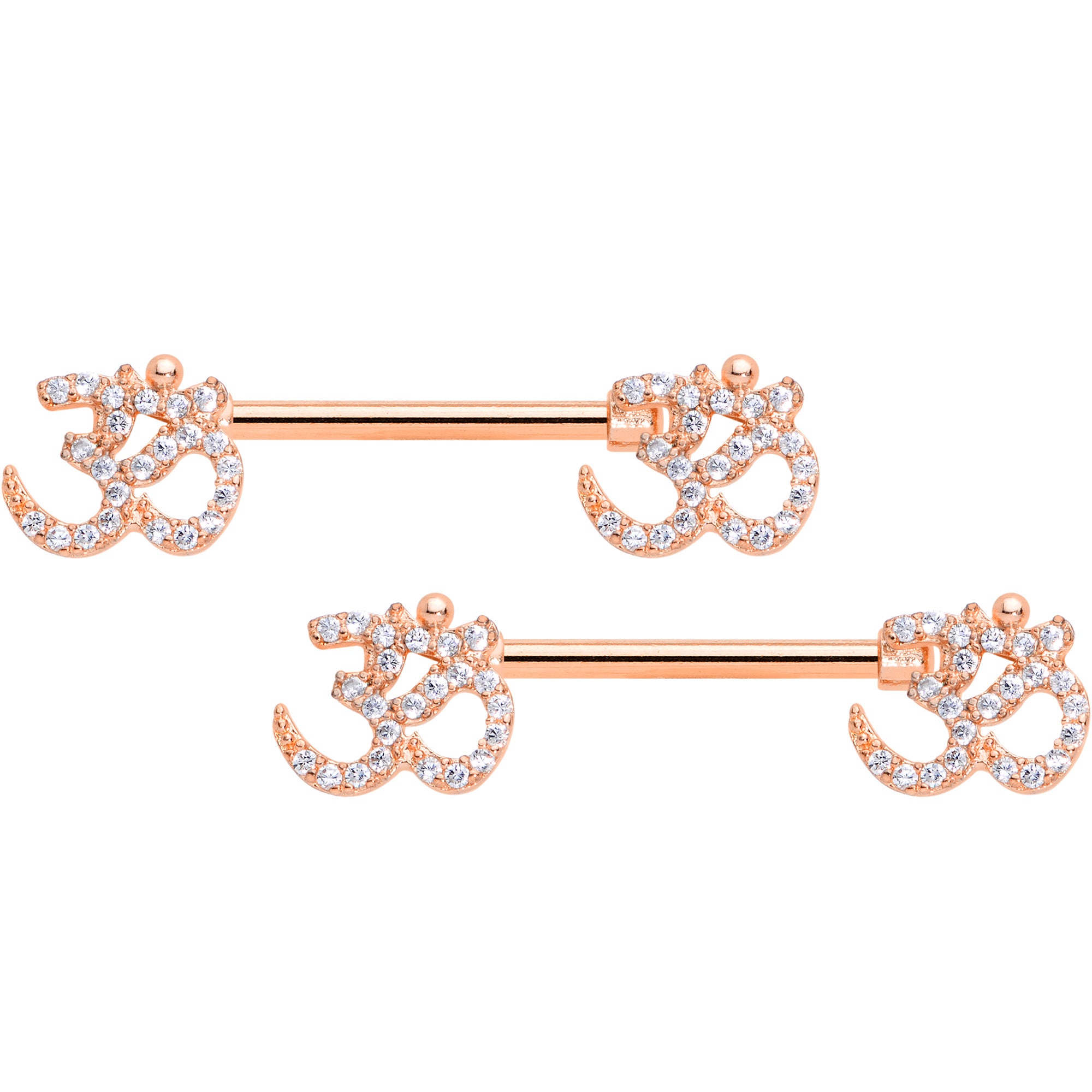 14 Gauge 9/16 Clear CZ Gem Rose Gold Hue Amazing Om Barbell Nipple Set