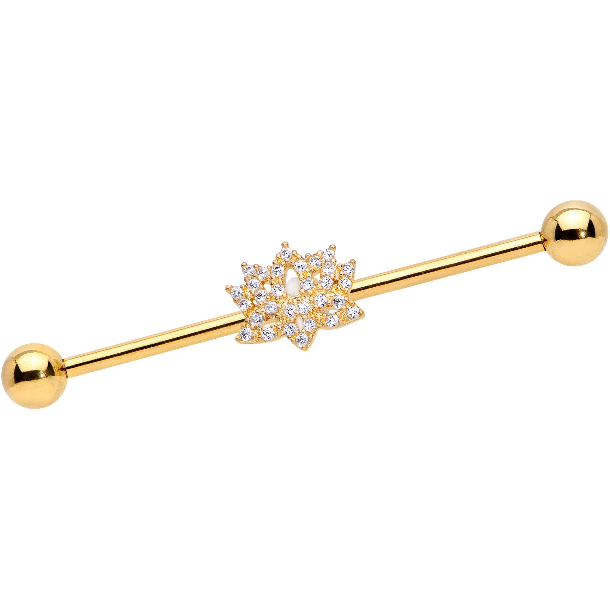 14 Gauge Clear CZ Gem Gold Tone Lotus Flower Industrial Barbell 38mm