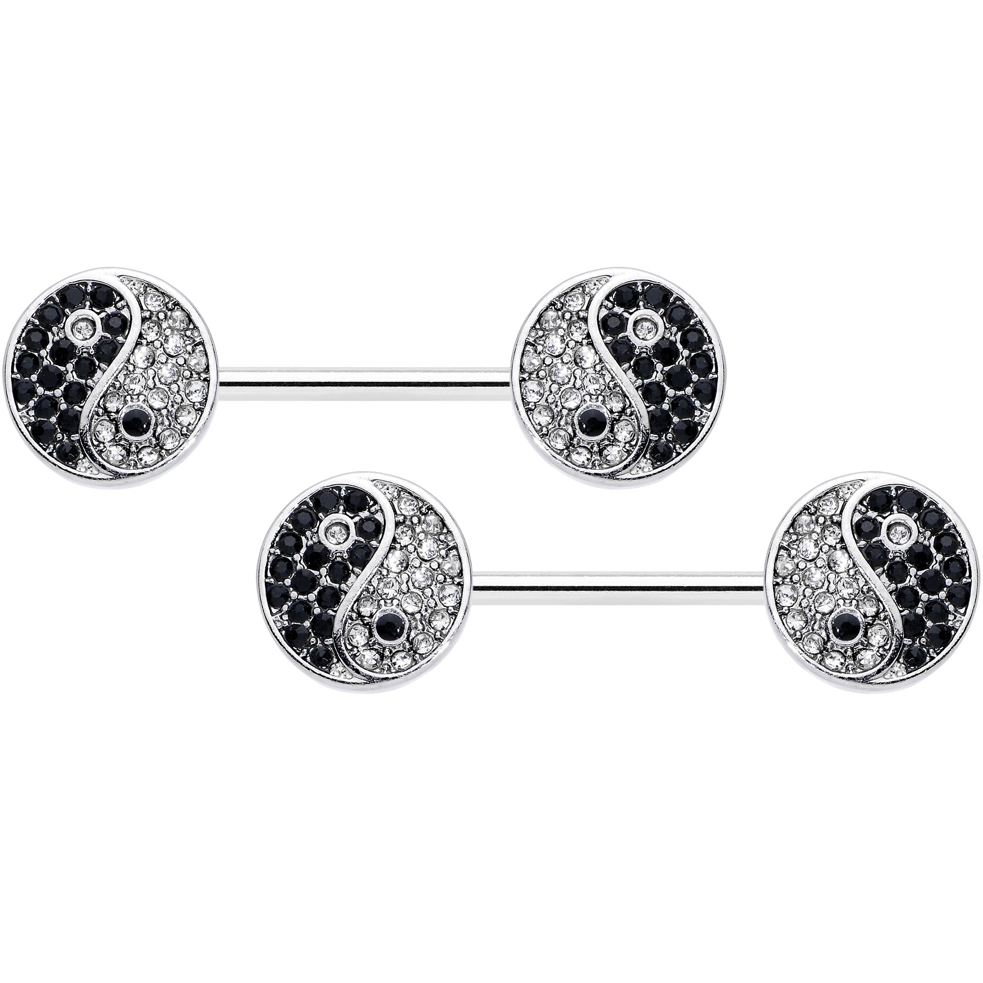 14 Gauge 9/16 Clear Black Gem Yin Yang Barbell Nipple Ring Set