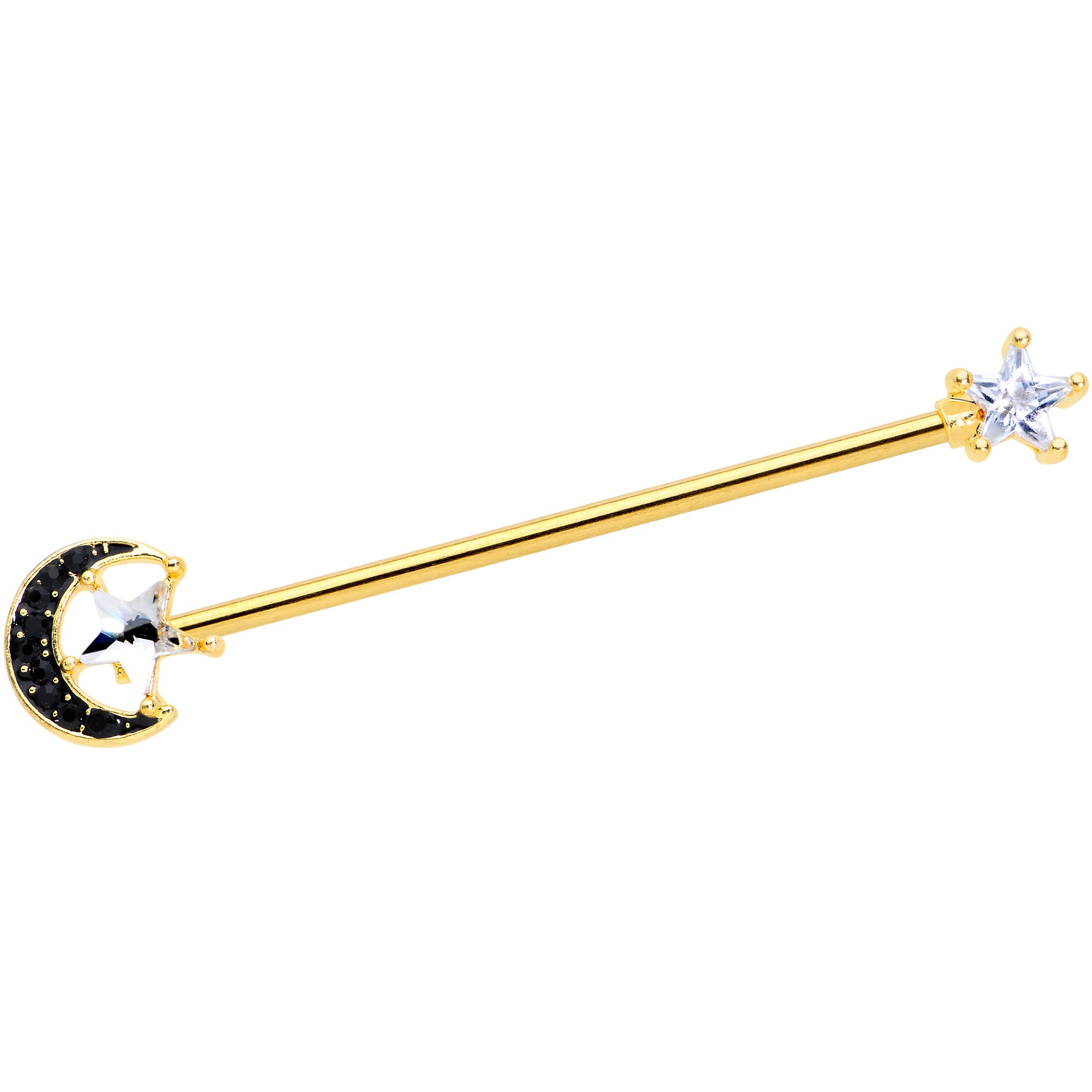 14 Gauge Clear CZ Gem Gold Hue Star Black Moon Industrial Barbell 38mm