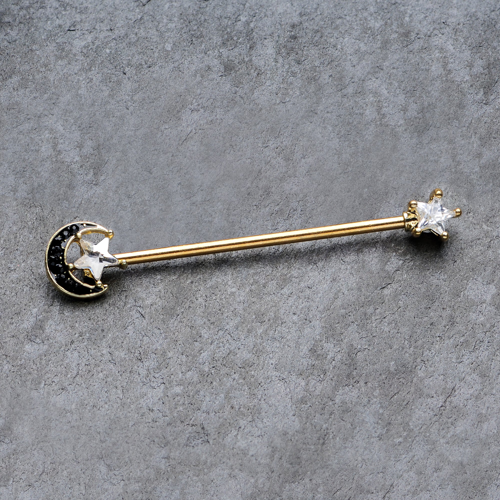 14 Gauge Clear CZ Gem Gold Hue Star Black Moon Industrial Barbell 38mm