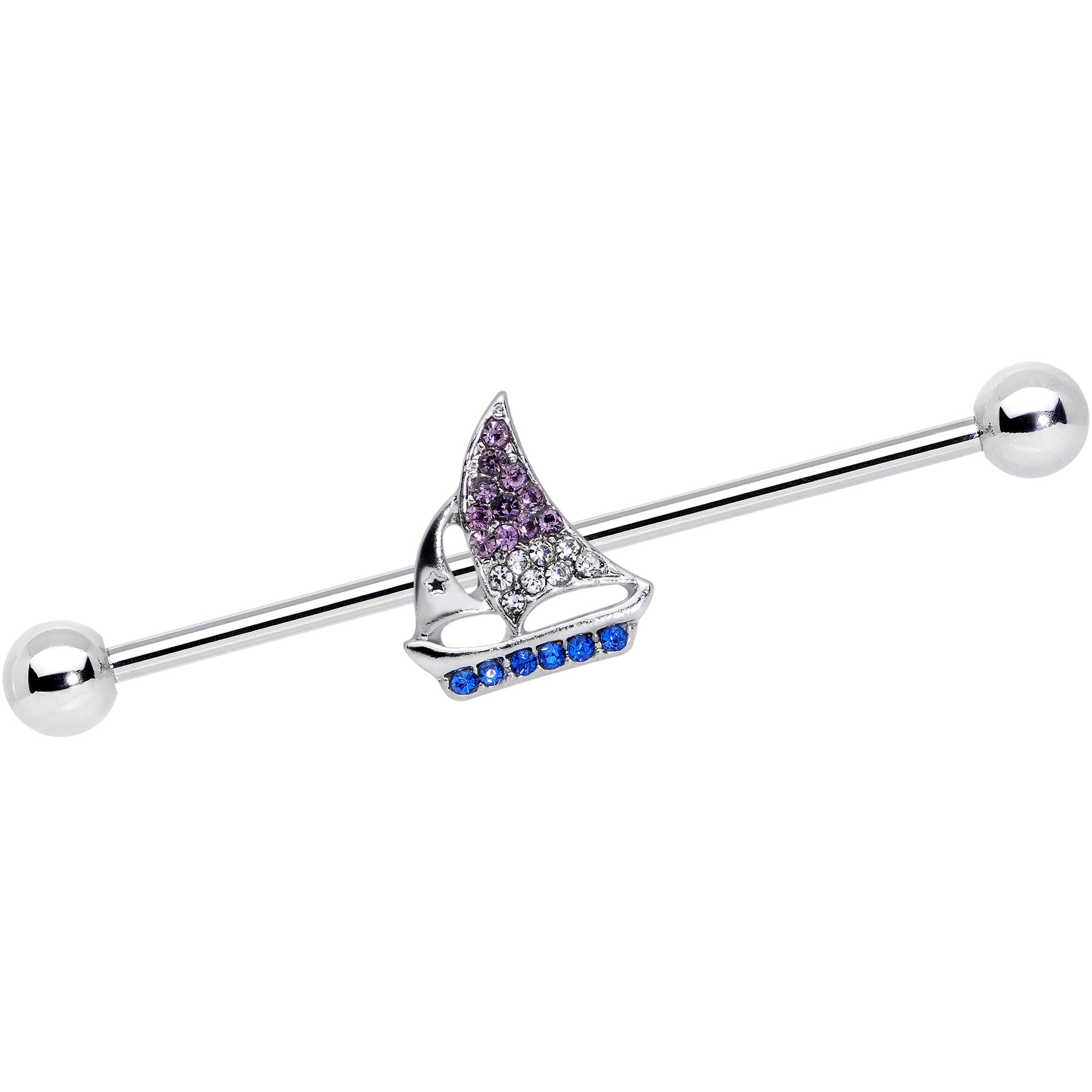 14 Gauge Blue Purple Clear Gem Sailboat Industrial Barbell 38mm