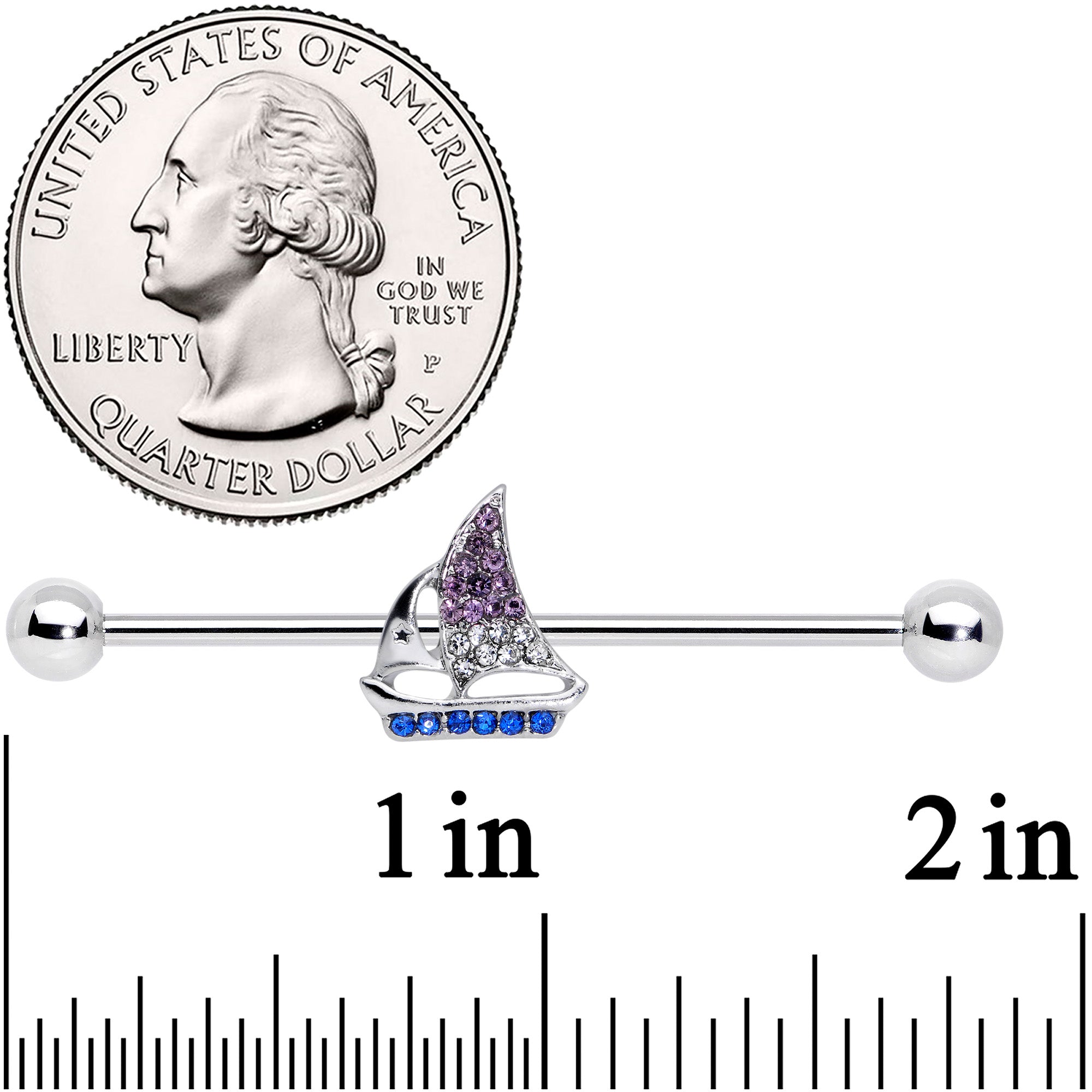 14 Gauge Blue Purple Clear Gem Sailboat Industrial Barbell 38mm