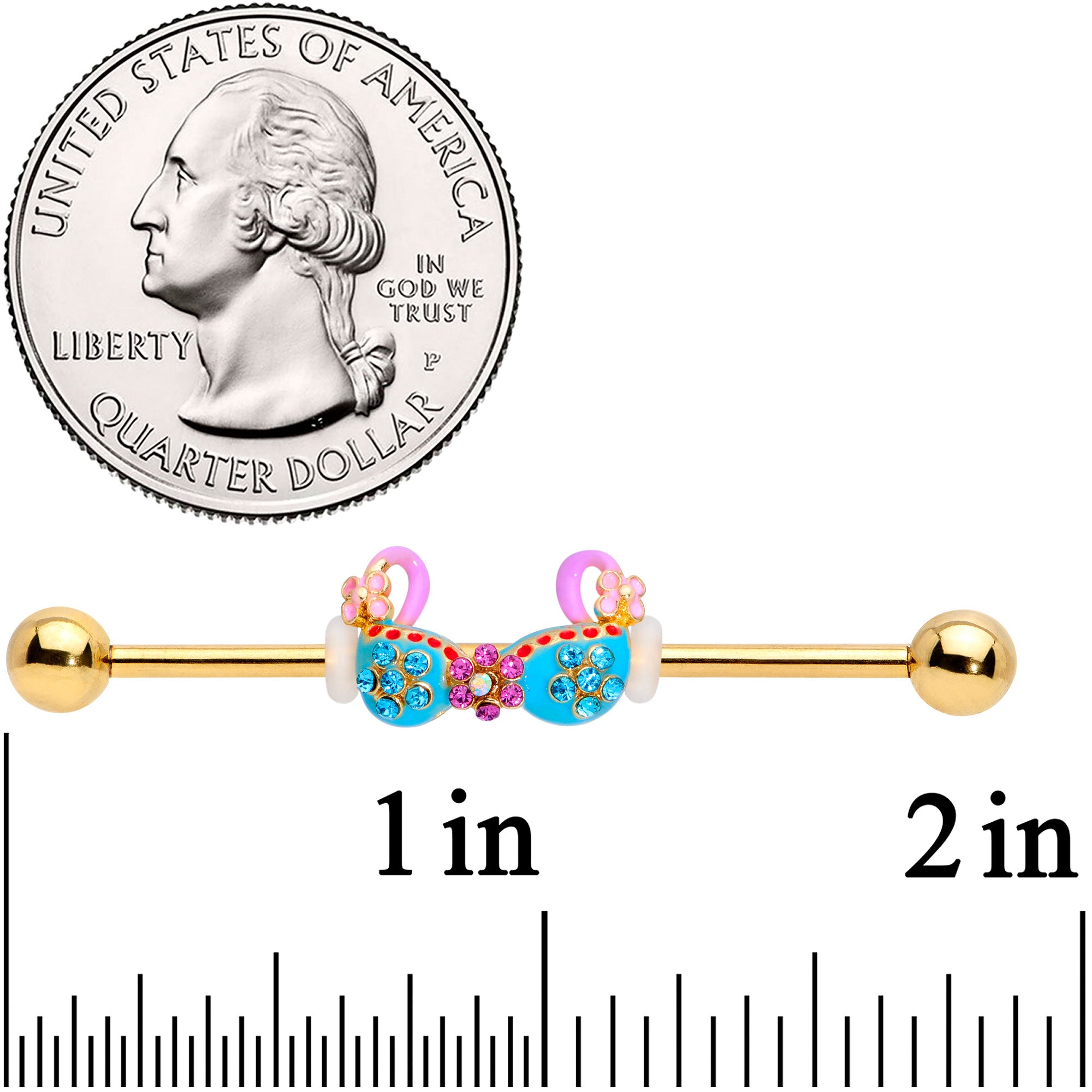 14 Gauge Aqua Pink Gem Gold Tone Bikini Top Industrial Barbell 38mm