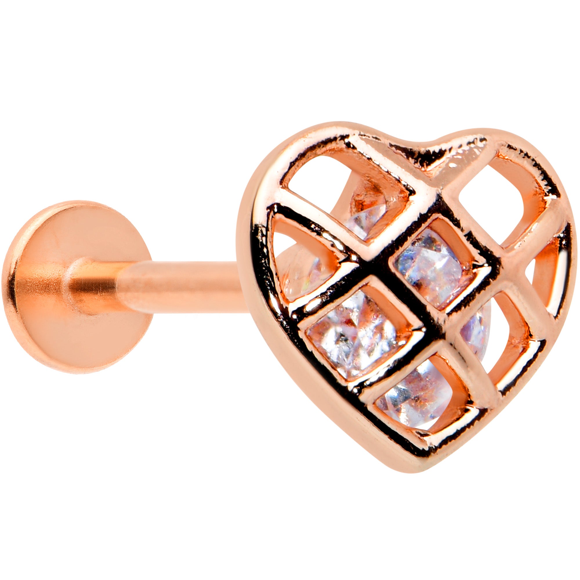 16 Gauge 5/16 Clear CZ Gem Rose Gold Tone Cage Heart Labret Tragus