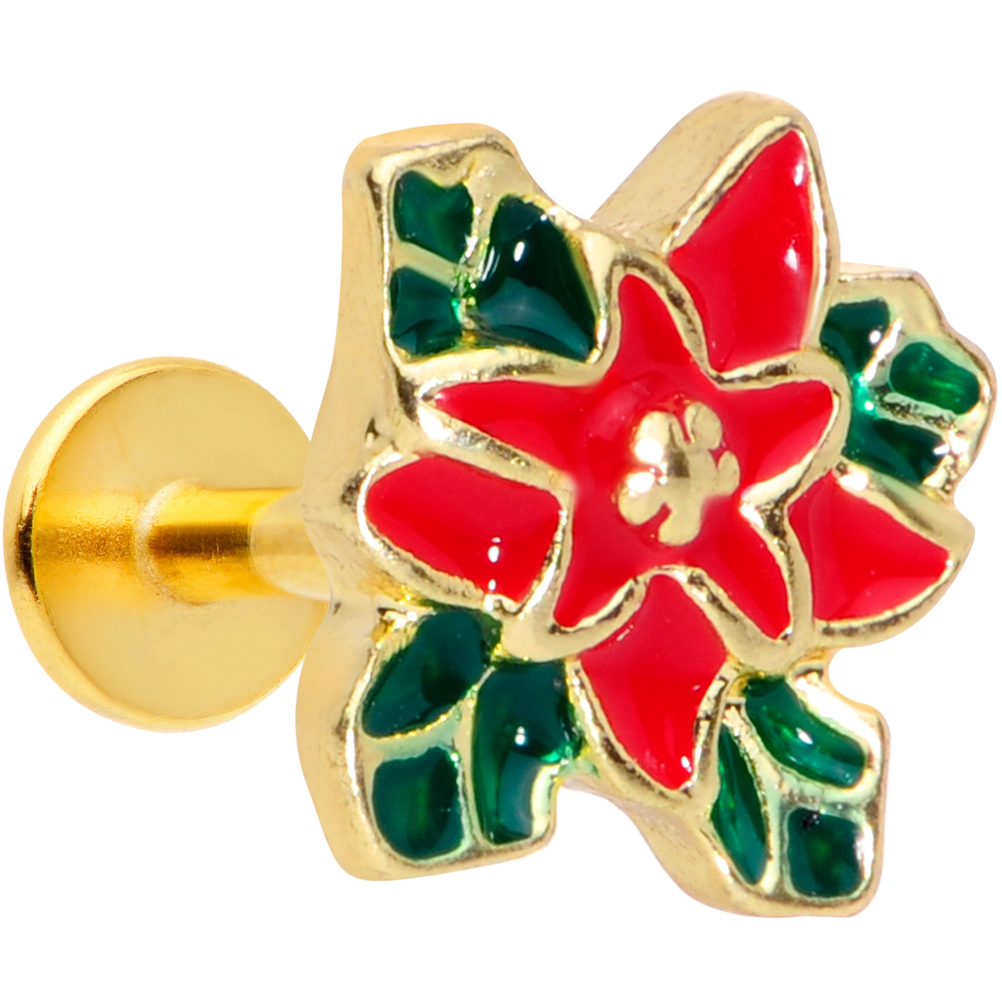 16 Gauge 5/16 Gold Tone Poinsettia Christmas Labret Monroe Tragus