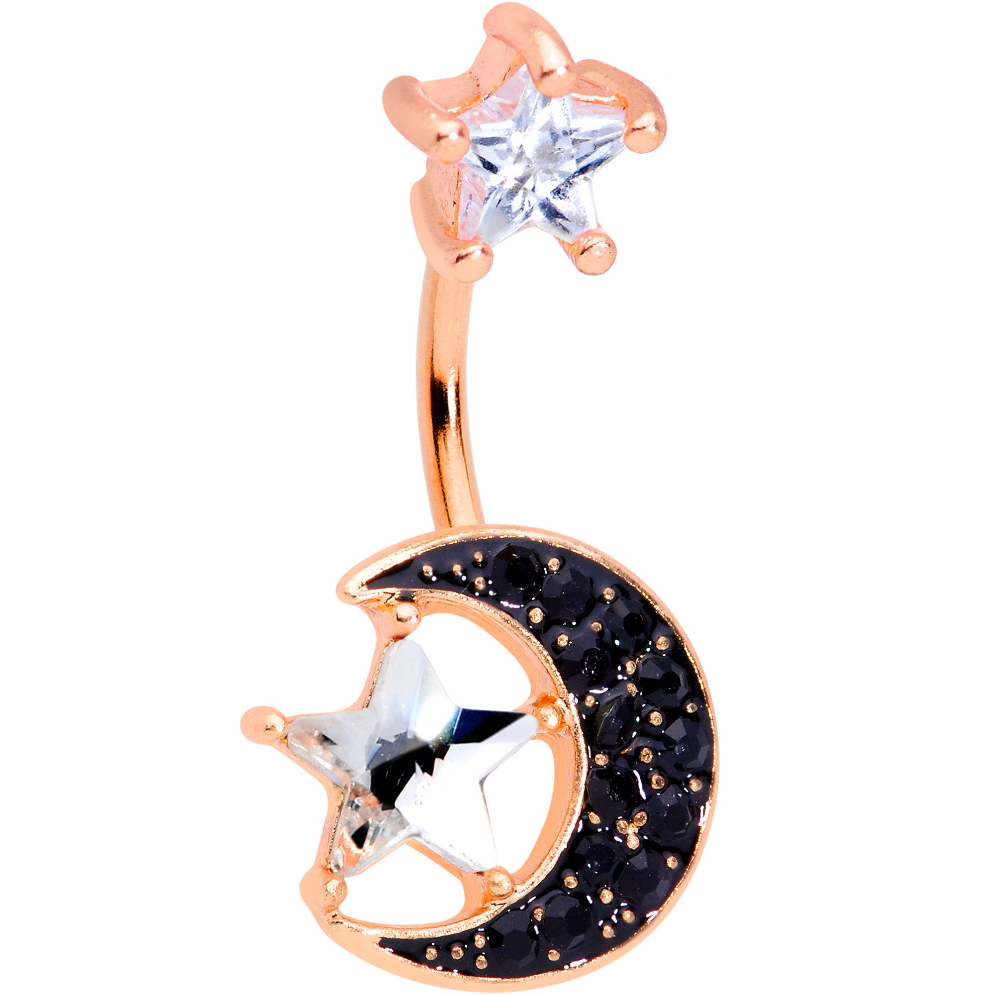 Clear CZ Gem Rose Gold Tone Black Moon Double Mount Belly Ring