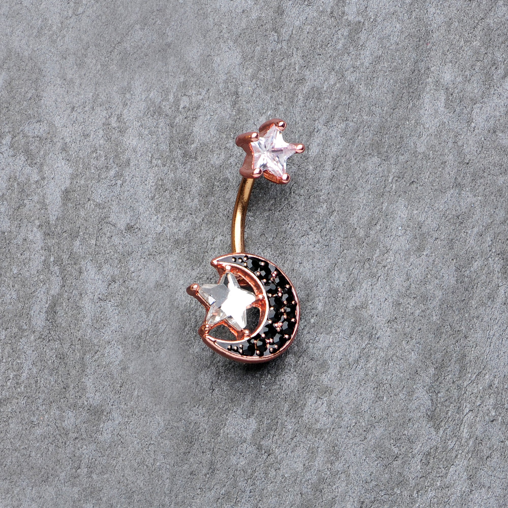 Clear CZ Gem Rose Gold Tone Black Moon Double Mount Belly Ring