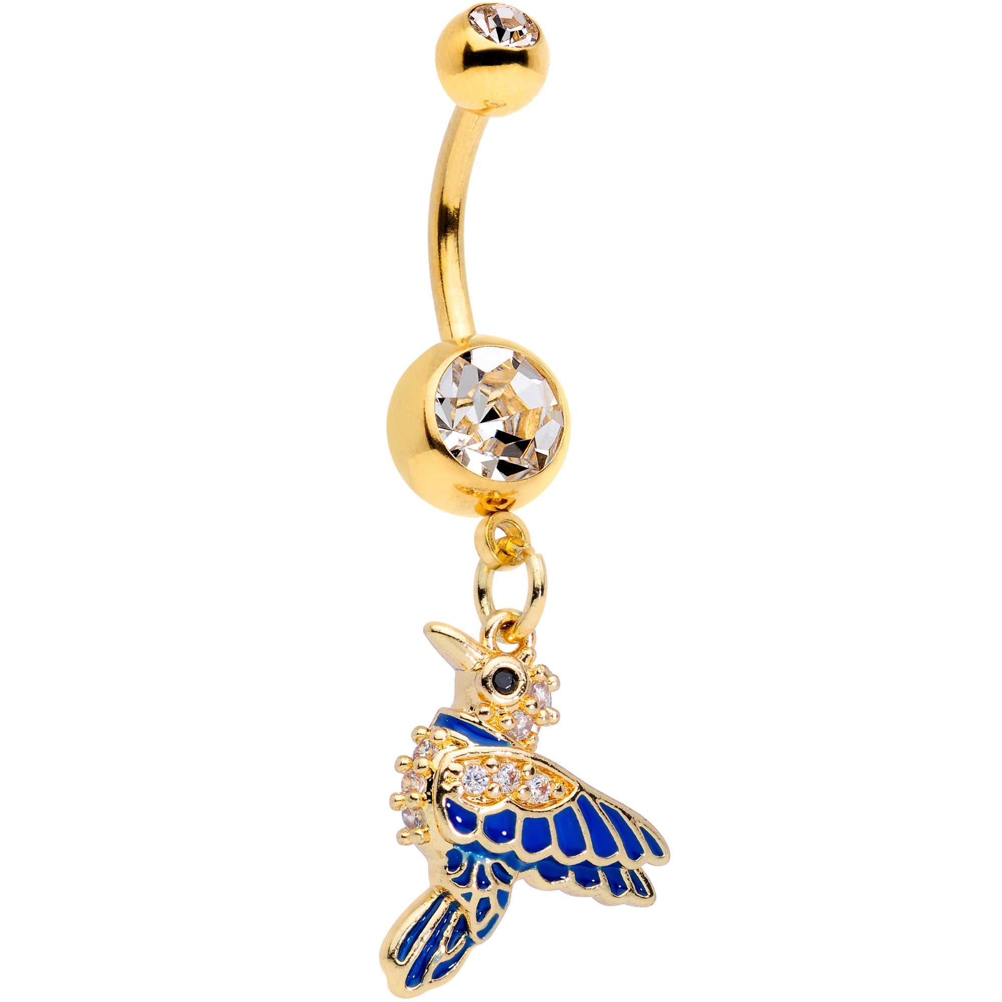 Clear Gem Gold Tone Blue Bird Dangle Belly Ring