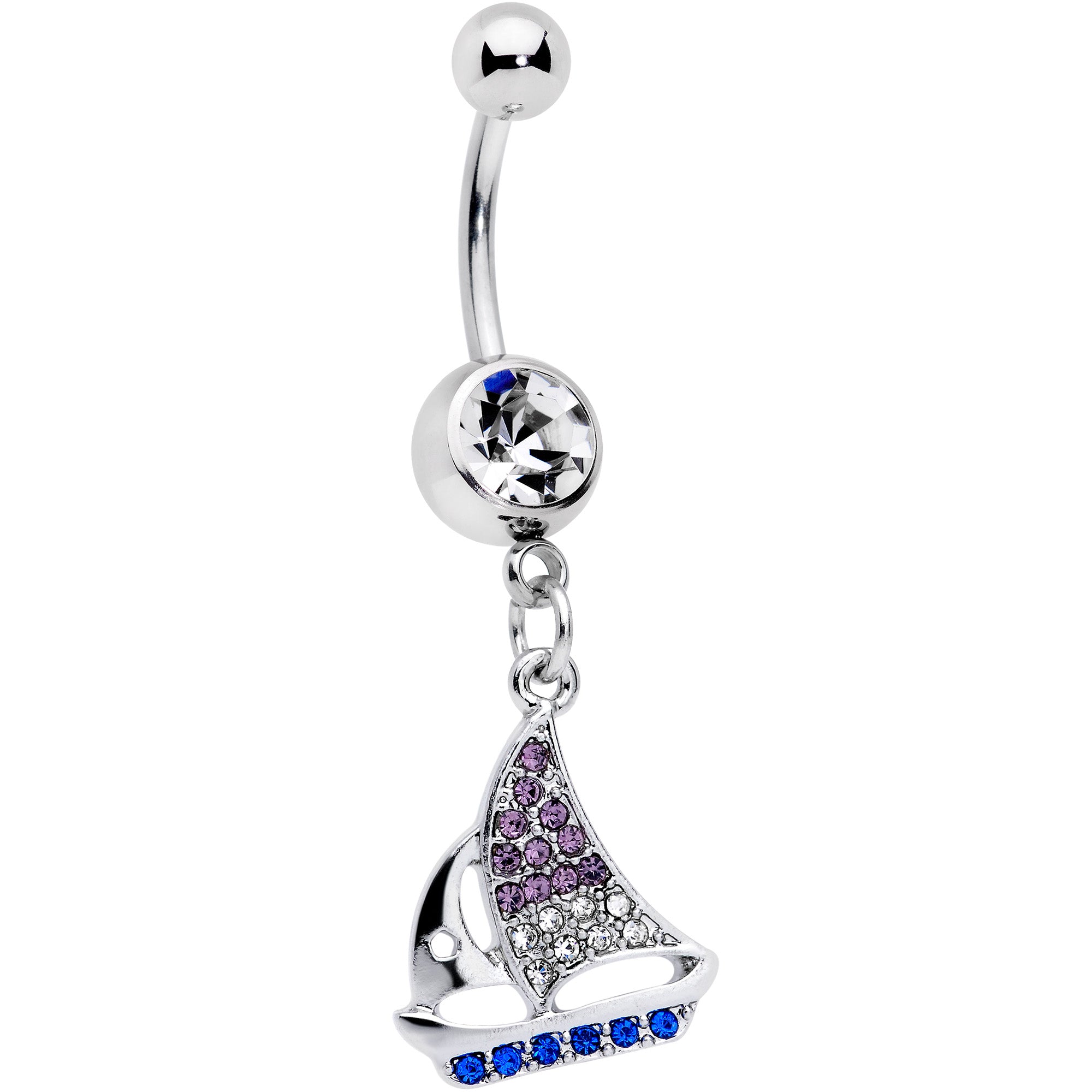 Clear Blue Purple Gem Sailboat Dangle Belly Ring