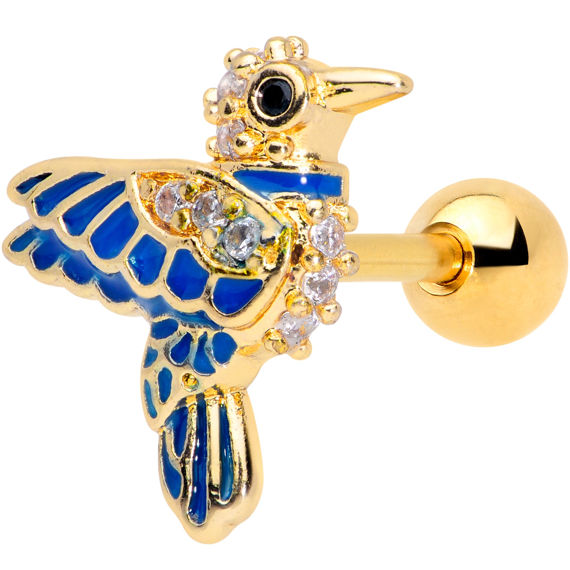 16 Gauge 1/4  Clear Gem Gold Tone Blue Bird Cartilage Tragus