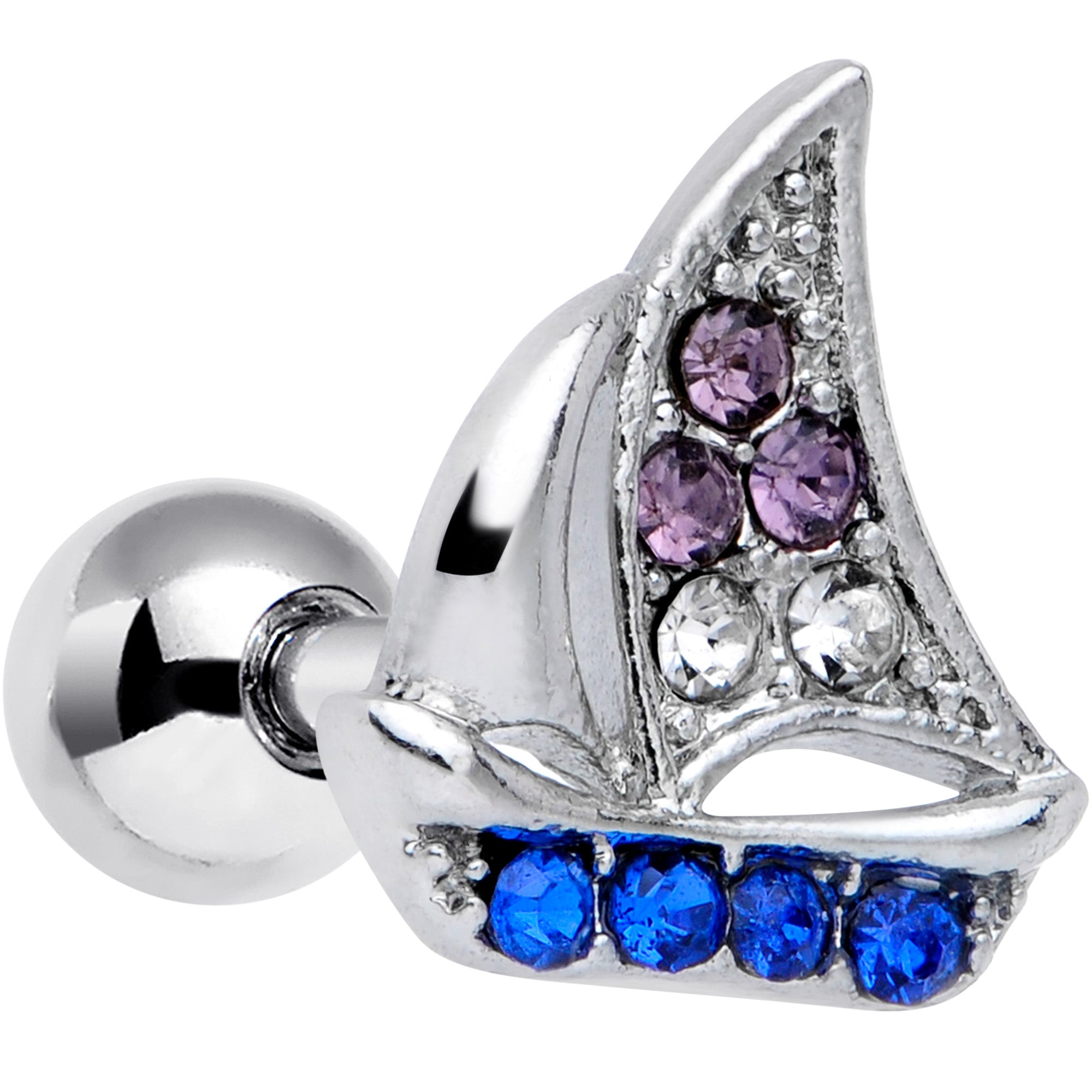 16 Gauge 1/4 Blue Purple Gem Sailboat Cartilage Tragus