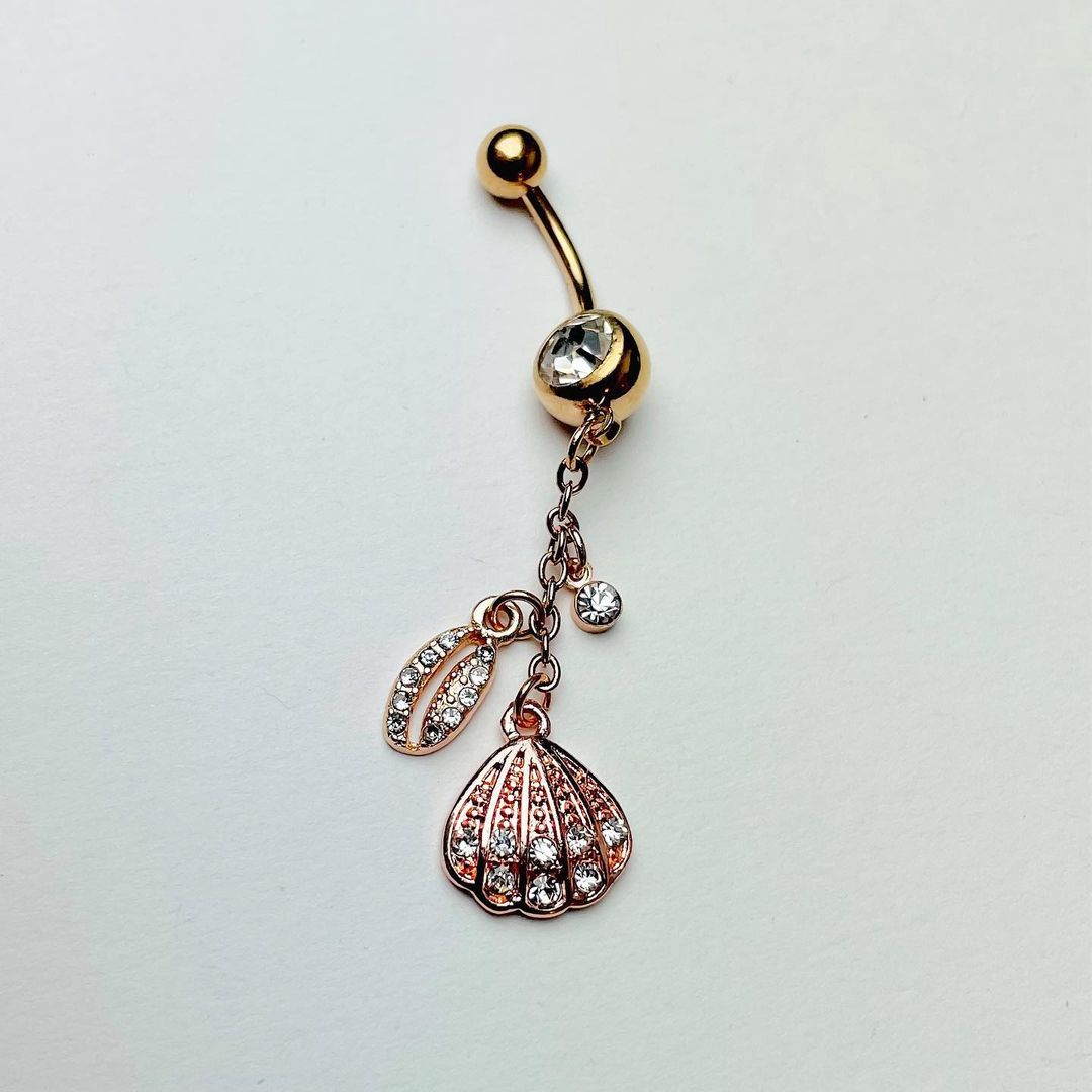 Clear Gem Rose Gold Tone Nautical Shell Dangle Belly Ring