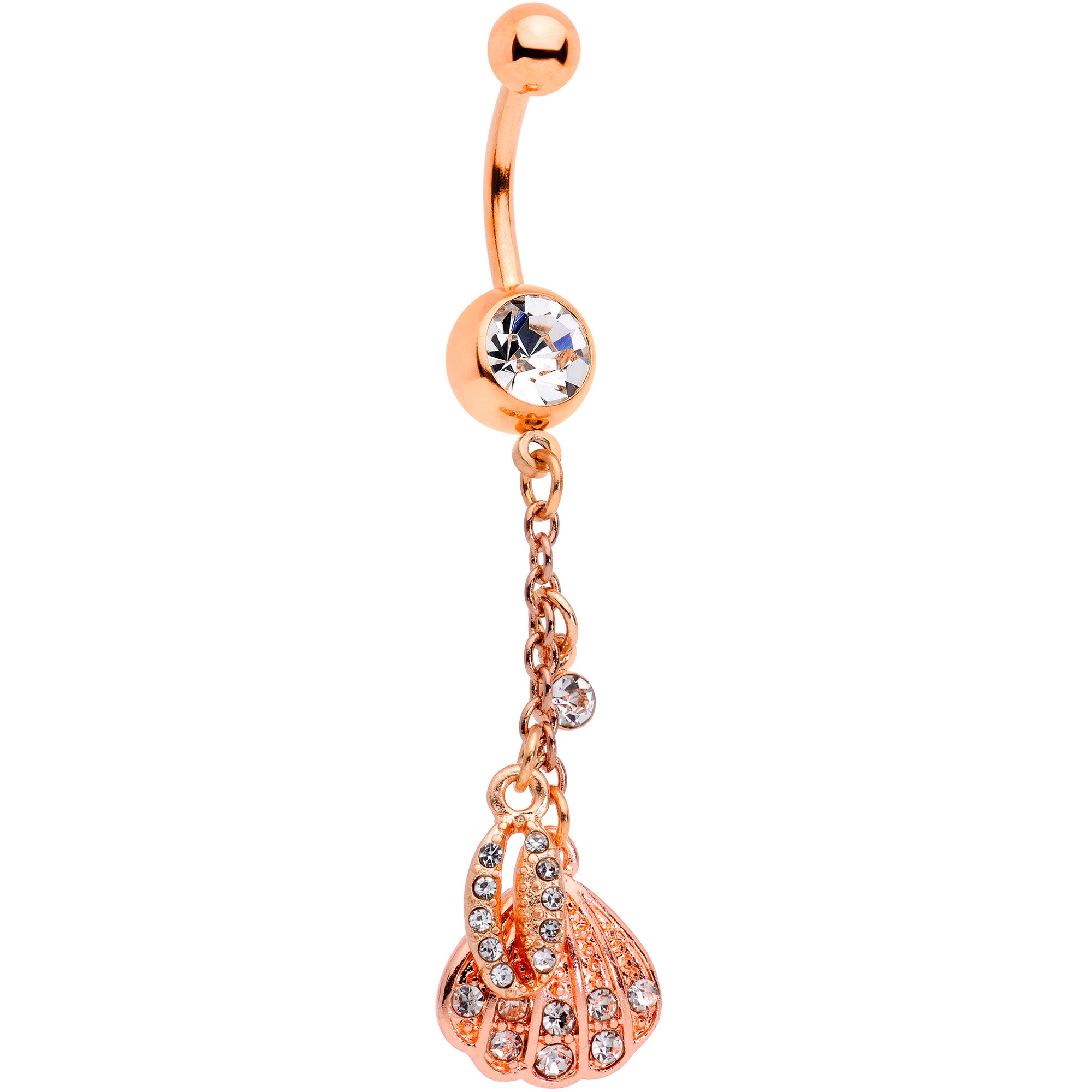 Clear Gem Rose Gold Tone Nautical Shell Dangle Belly Ring