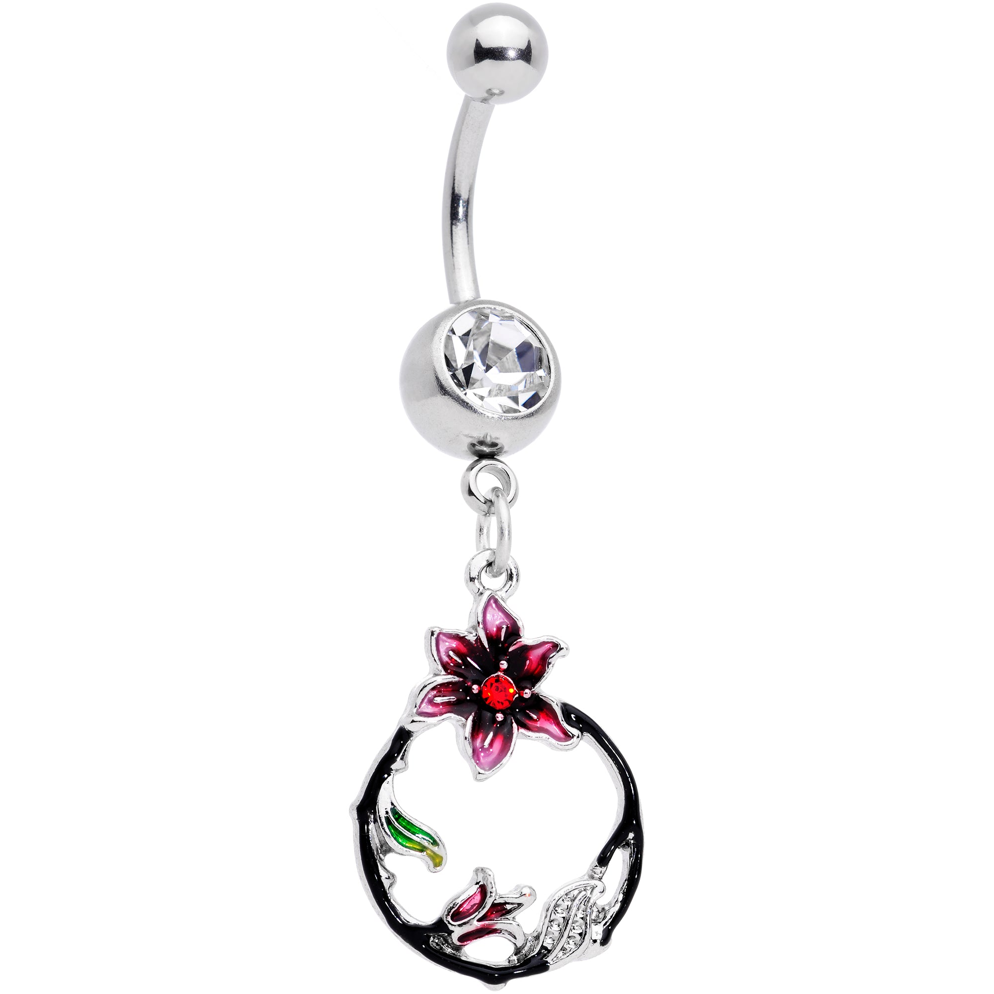 Clear Gem Black Hoop Pink Flower Dangle Belly Ring