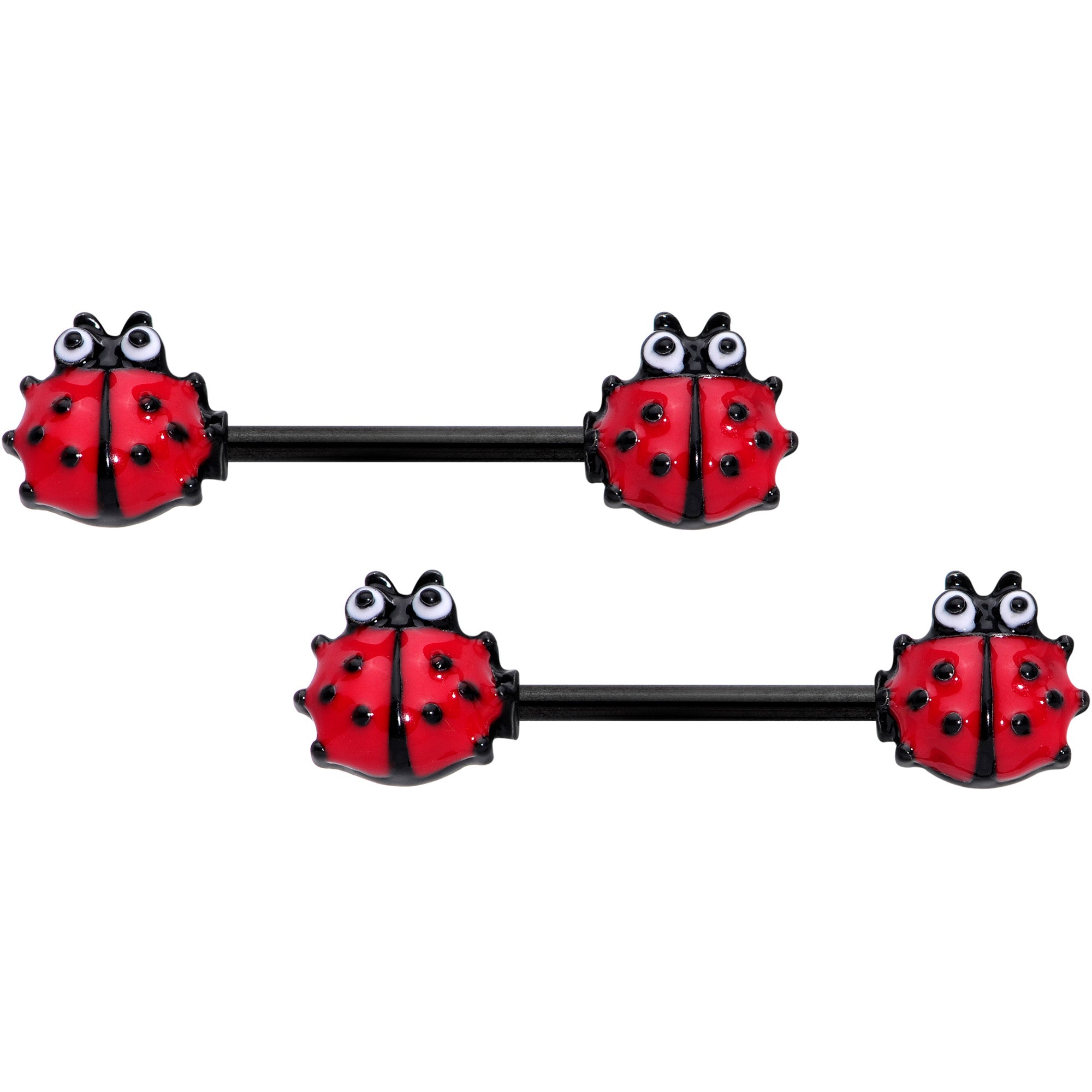 14 Gauge 9/16 Red Whimsical Ladybug Barbell Nipple Ring Set