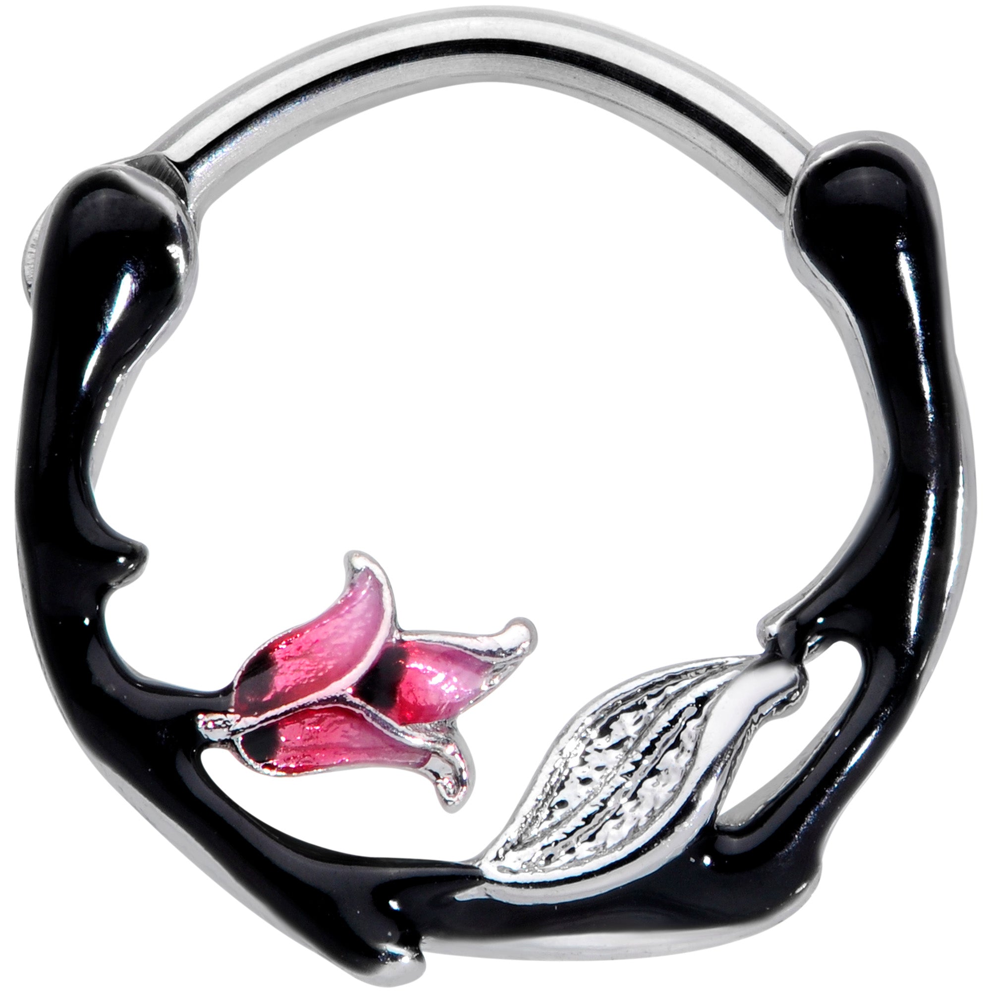 16 Gauge 3/8 Pink Flower Black Cartilage Clicker