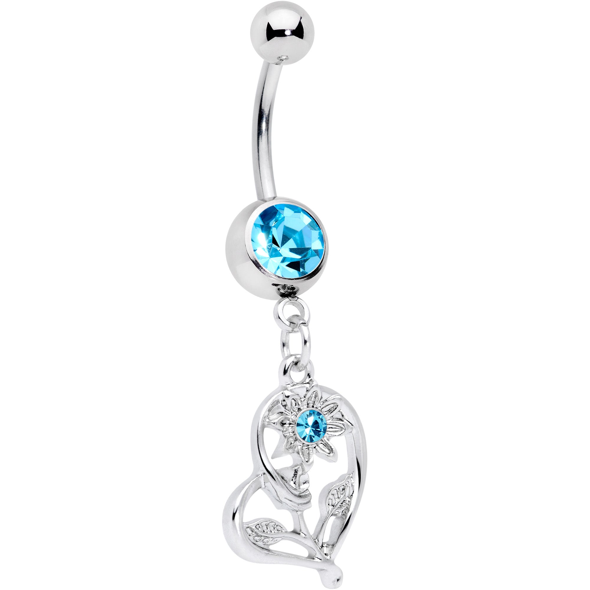 Aqua Gem Blossoming Heart Flower Dangle Belly Ring